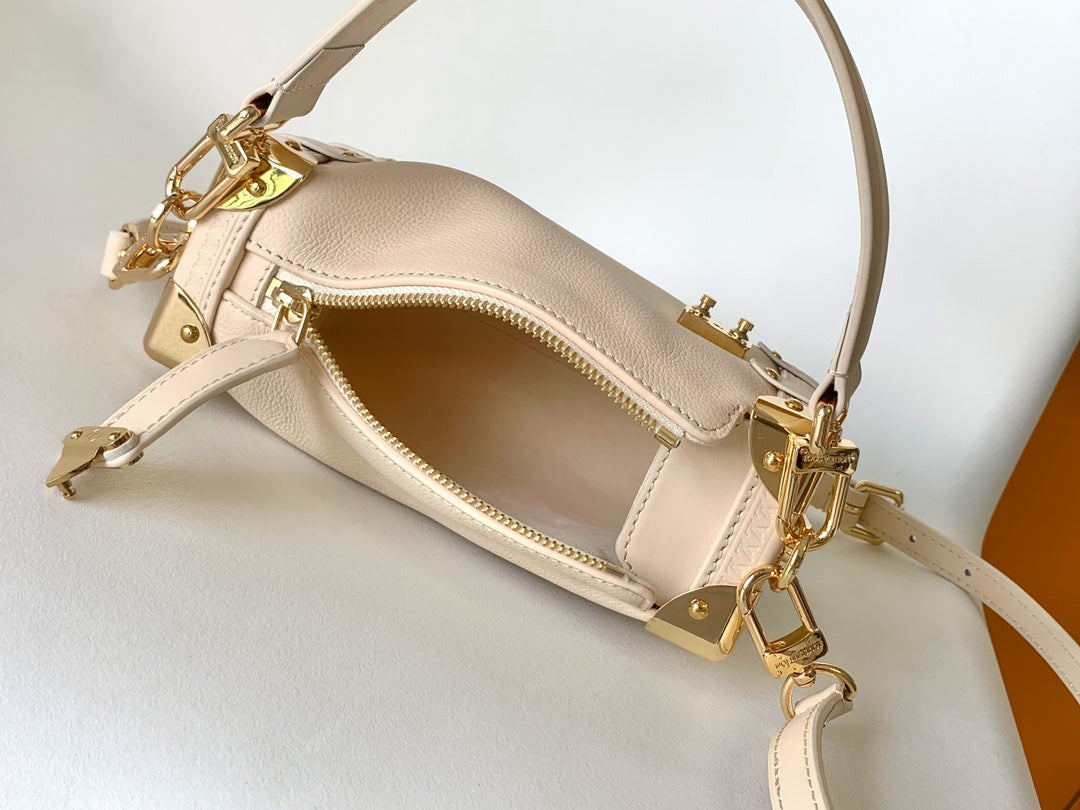 Louis Vuitton Elegant Cream Leather Trunk Shoulder Bag with Gold Hardware