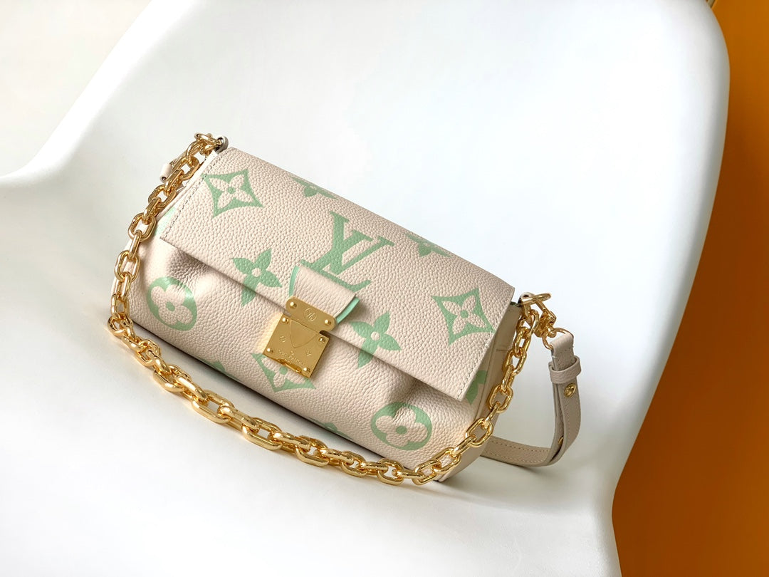 Louis Vuitton Beige and Green Monogram Shoulder Bag with Gold Chain Strap