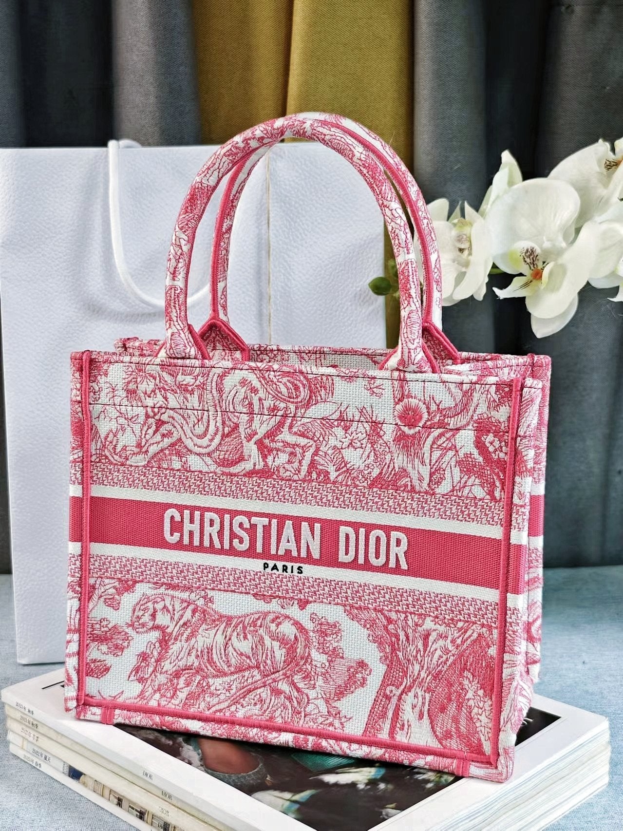 Dior Vintage Pink Toile de Jouy Canvas Tote Bag Top Handle Handbag
