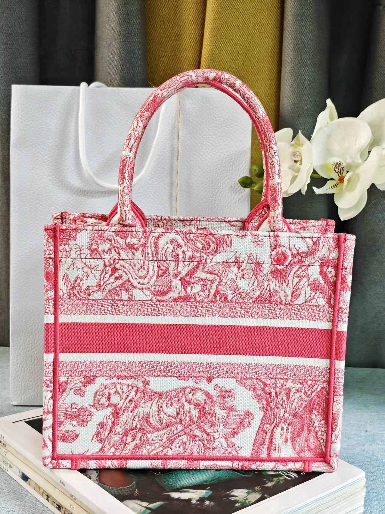 Dior Vintage Pink Toile de Jouy Canvas Tote Bag Top Handle Handbag