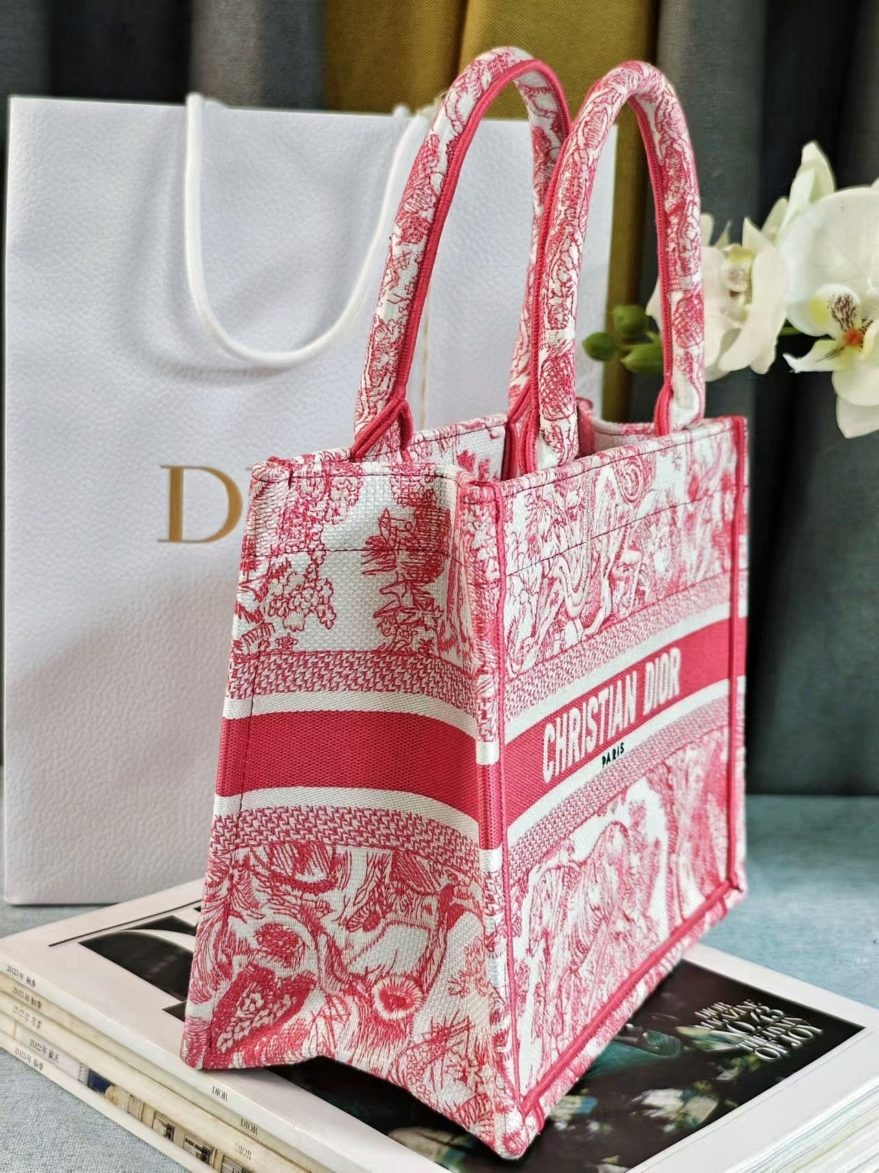 Dior Vintage Pink Toile de Jouy Canvas Tote Bag Top Handle Handbag