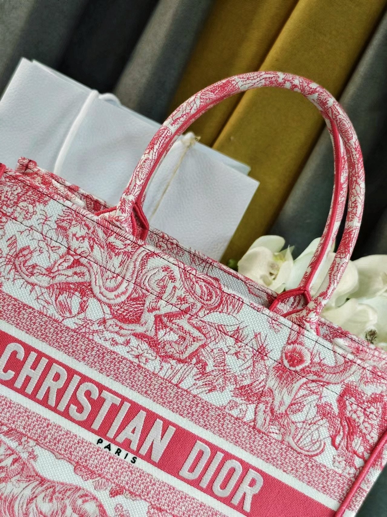 Dior Elegant Pink and White Toile de Jouy Embroidered Canvas Tote Bag