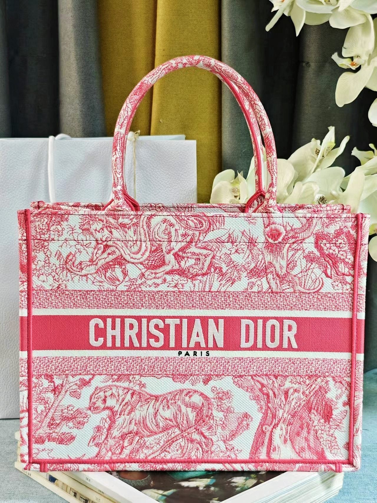Dior Elegant Pink and White Toile de Jouy Embroidered Canvas Tote Bag