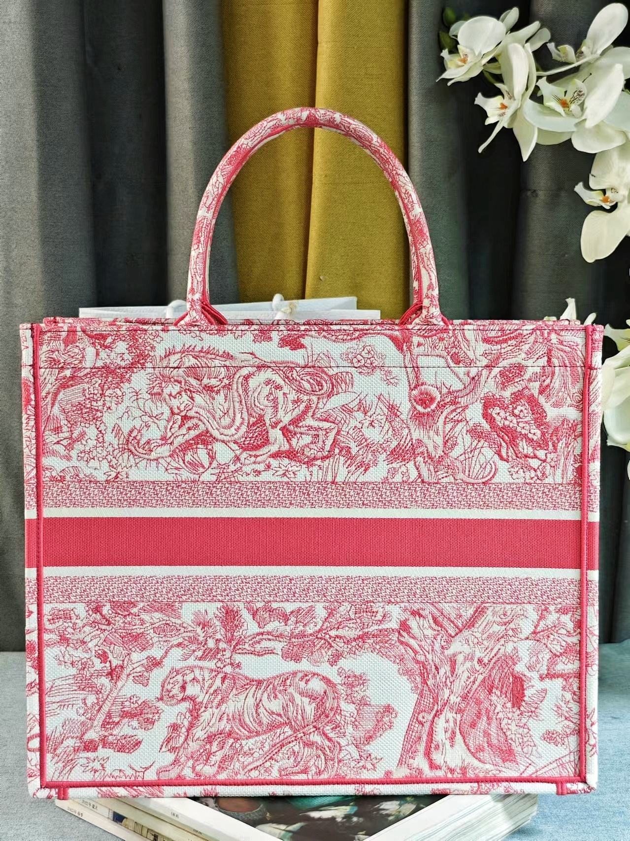 Dior Pink and White Floral Toile Pattern Canvas Top Handle Tote Bag