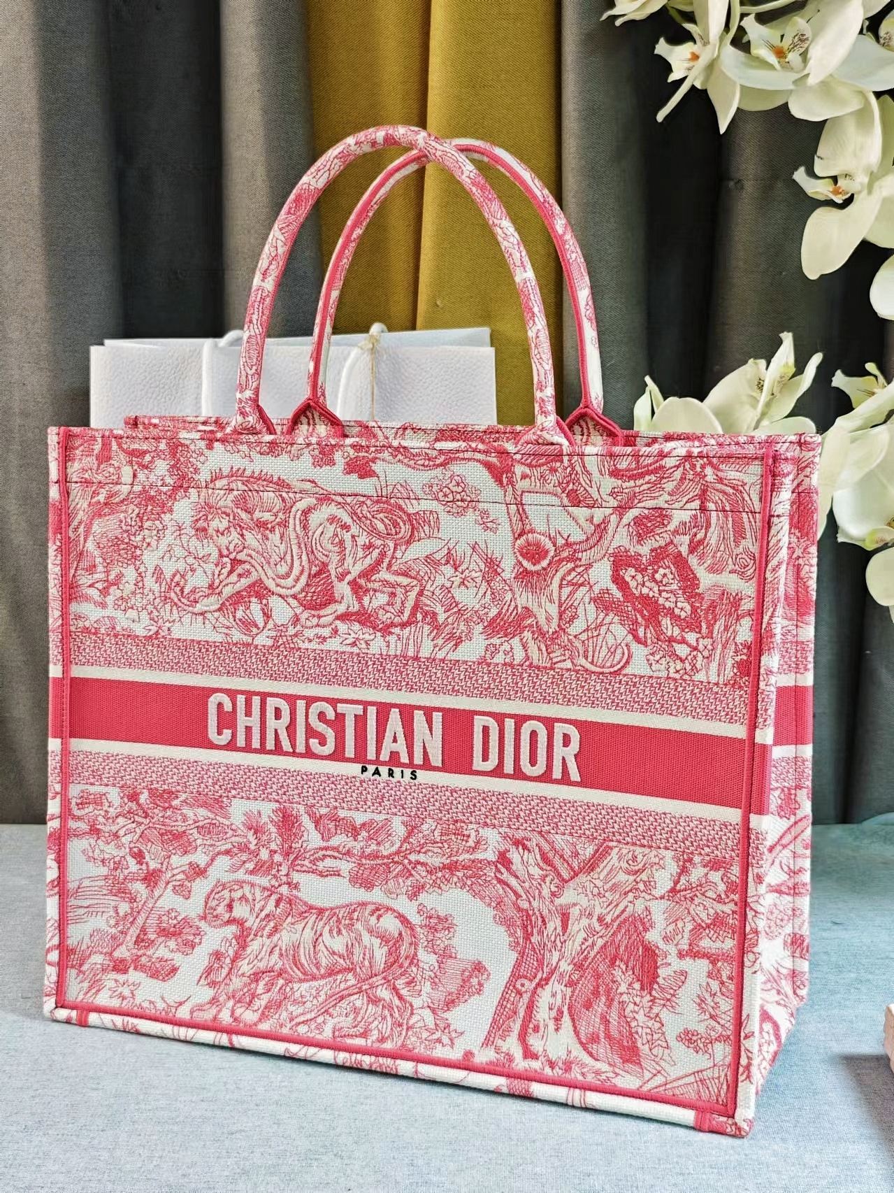 Dior Pink and White Floral Toile Pattern Canvas Top Handle Tote Bag