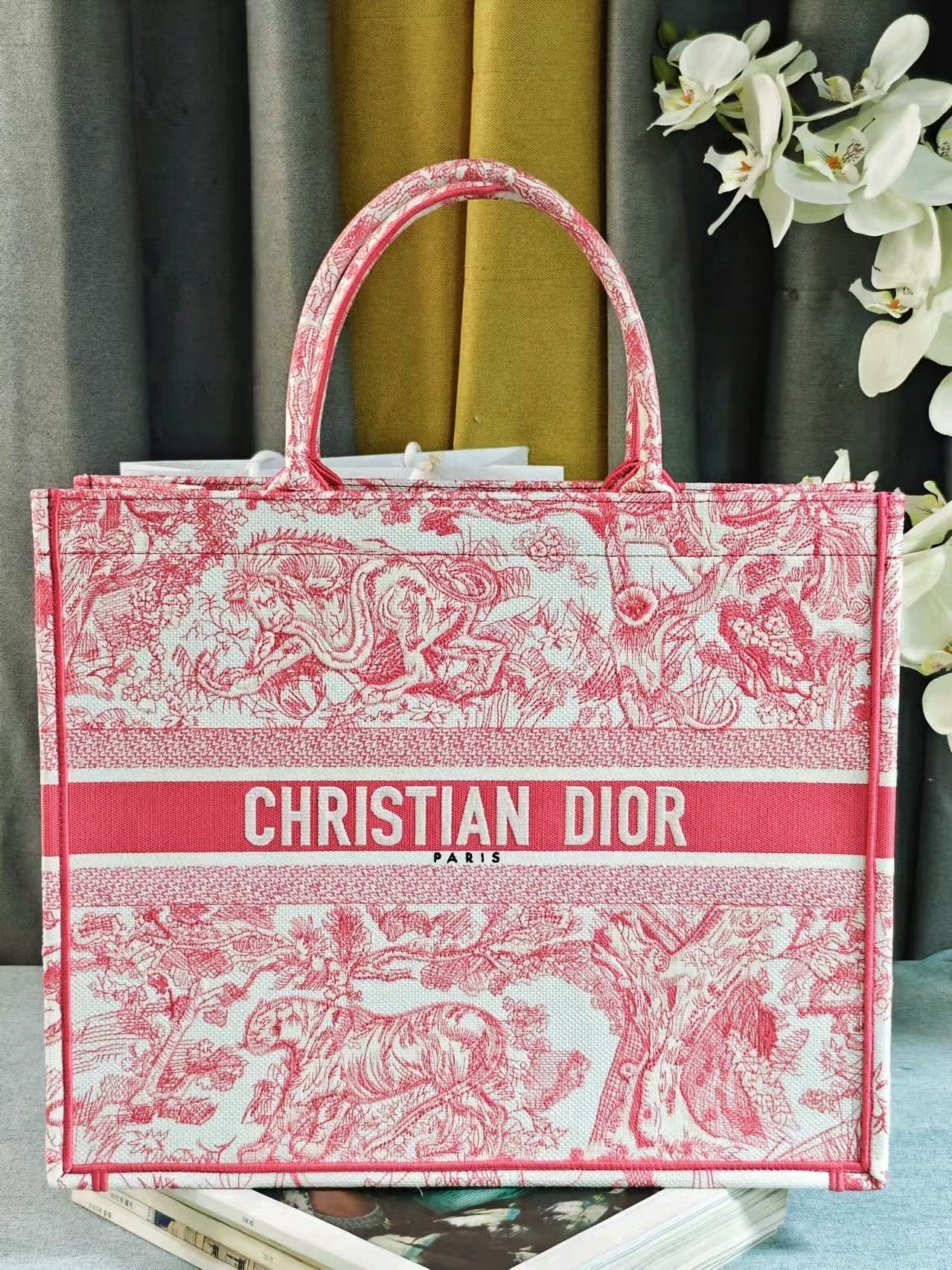 Dior Pink and White Floral Toile Pattern Canvas Top Handle Tote Bag