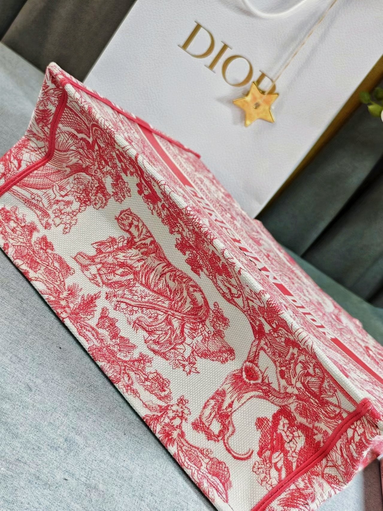 Dior Pink and White Floral Toile Pattern Canvas Top Handle Tote Bag