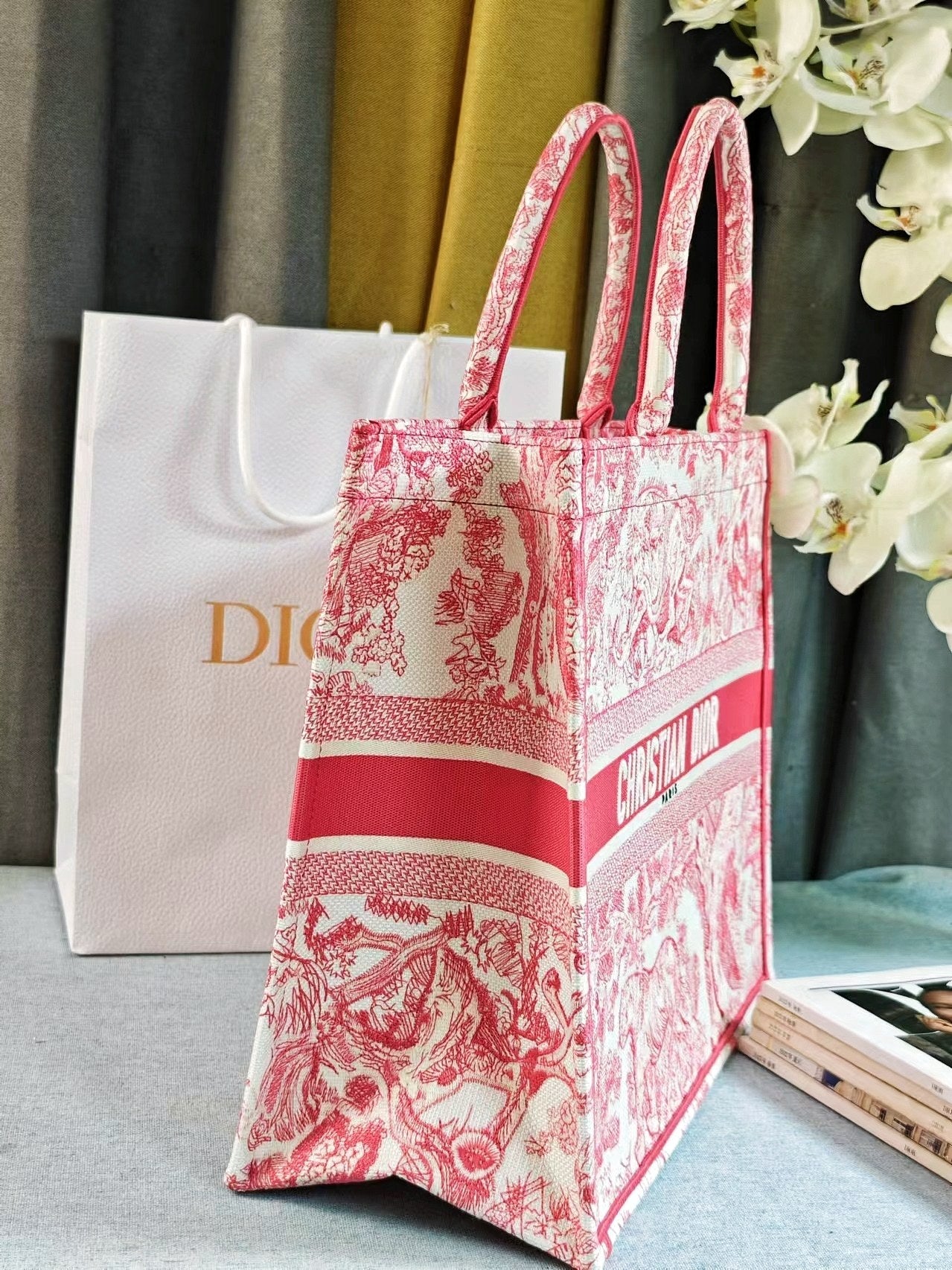 Dior Pink and White Floral Toile Pattern Canvas Top Handle Tote Bag