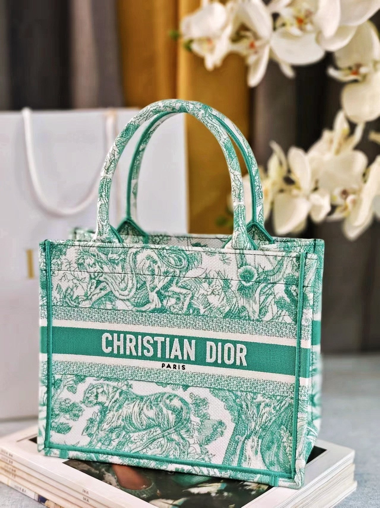 Dior Green Jungle Animal Print Embroidered Canvas Tote Handbag
