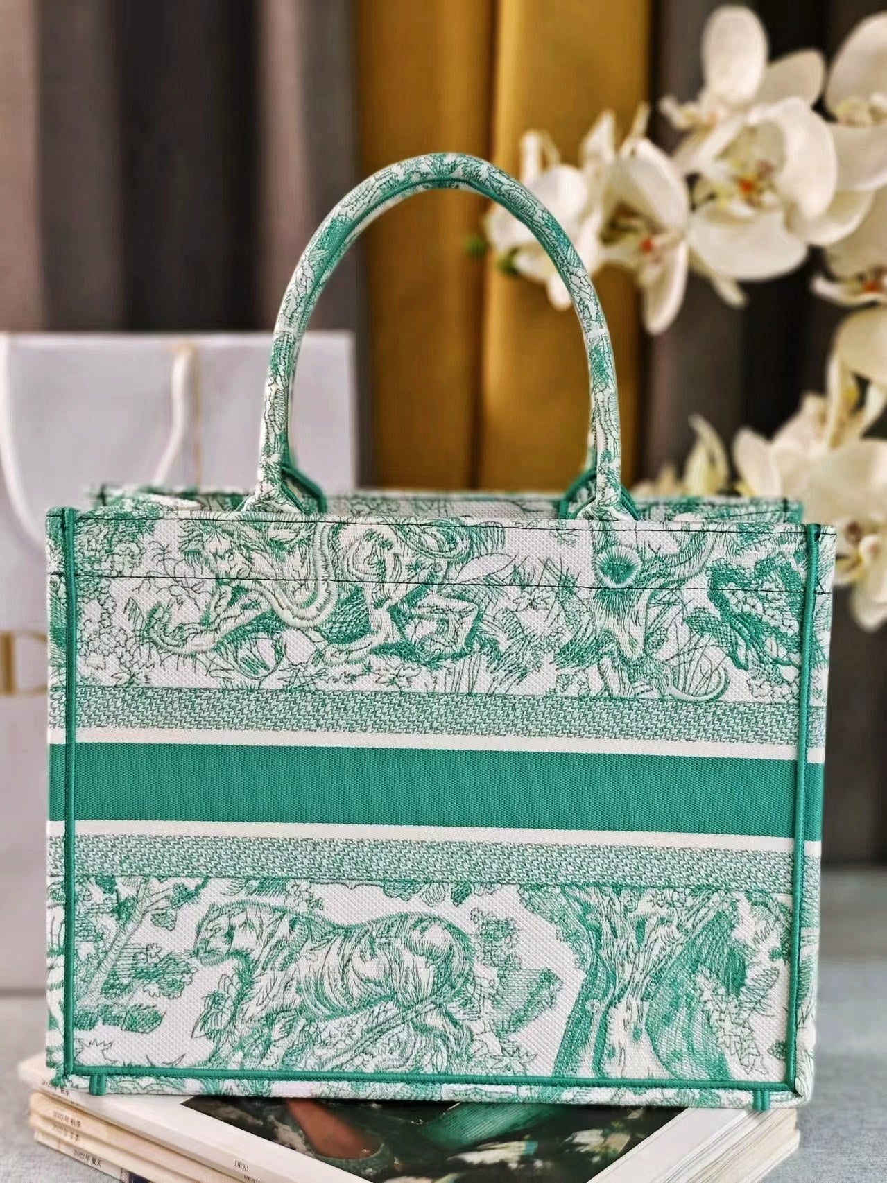 Dior Green and White Toile de Jouy Floral Canvas Tote Handbag