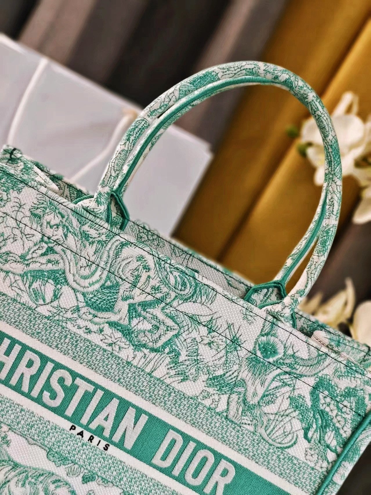 Christian Dior Medium Book Tote Bag - Green Toile de Jouy Reverse Embroidery