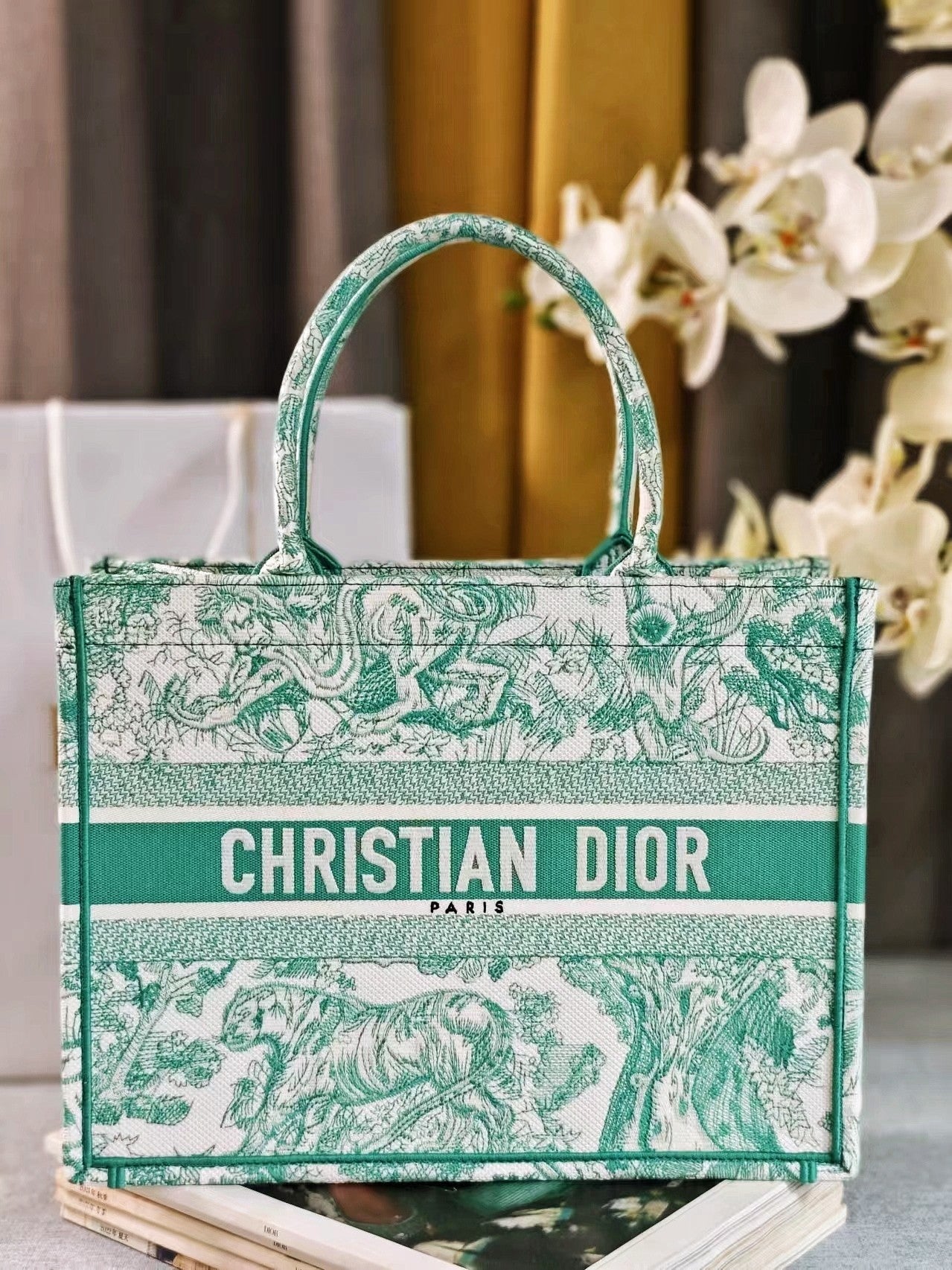 Dior Green and White Toile de Jouy Floral Canvas Tote Handbag