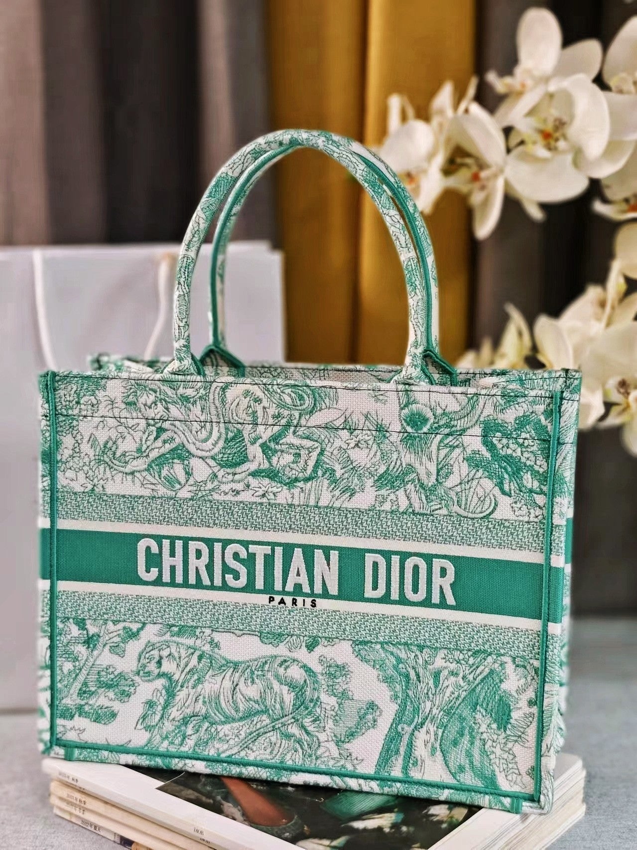 Dior Green and White Toile de Jouy Floral Canvas Tote Handbag