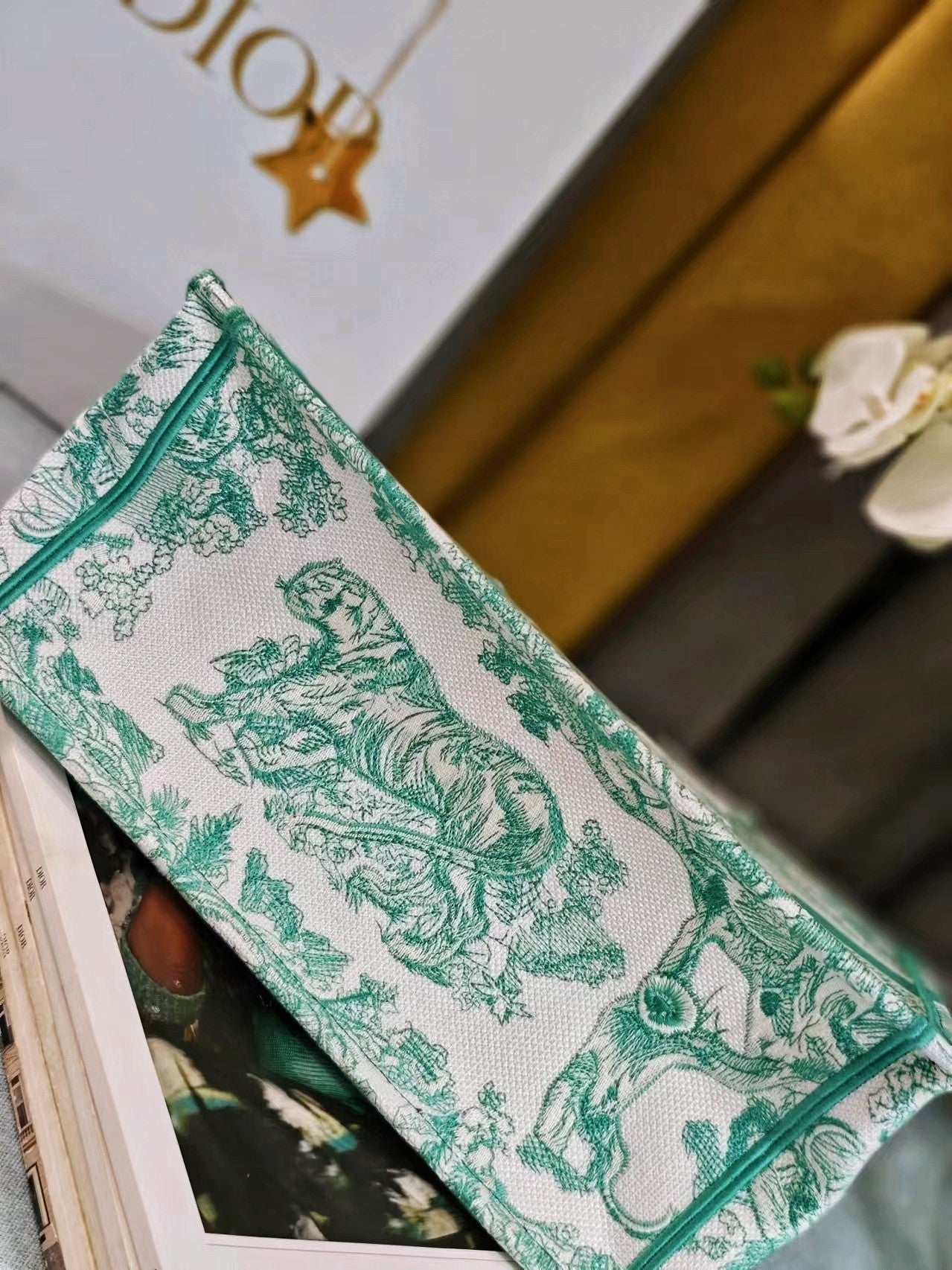 Dior Green and White Toile de Jouy Floral Canvas Tote Handbag