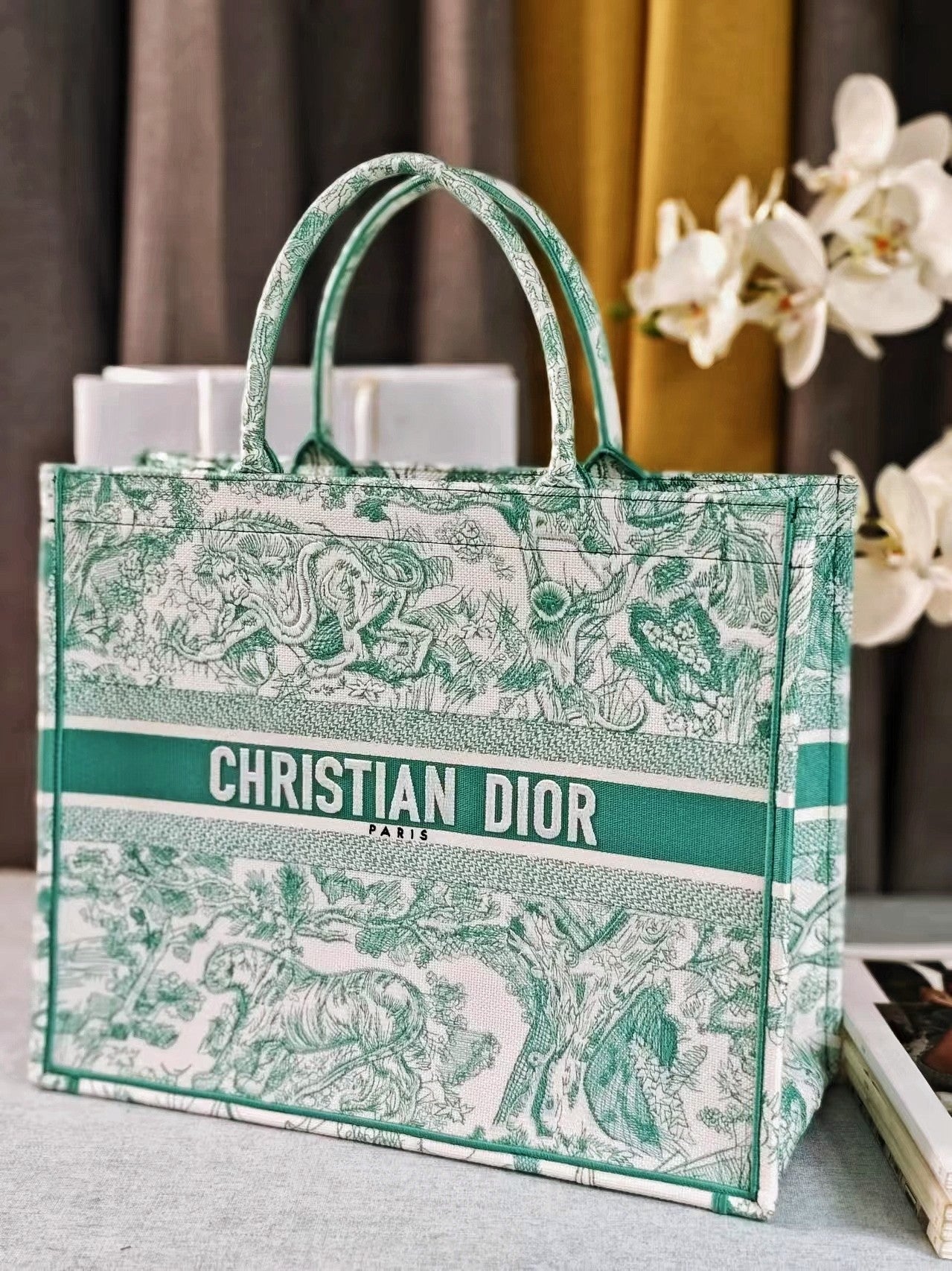Dior Green Floral Toile de Jouy Canvas Tote Bag Top Handle Shopper