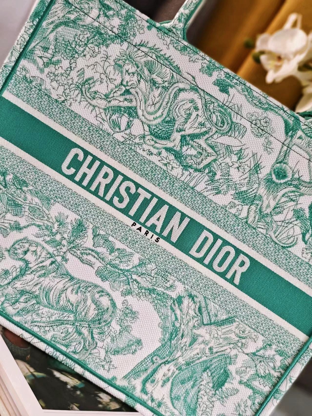 Dior Green Floral Toile de Jouy Canvas Tote Bag Top Handle Shopper