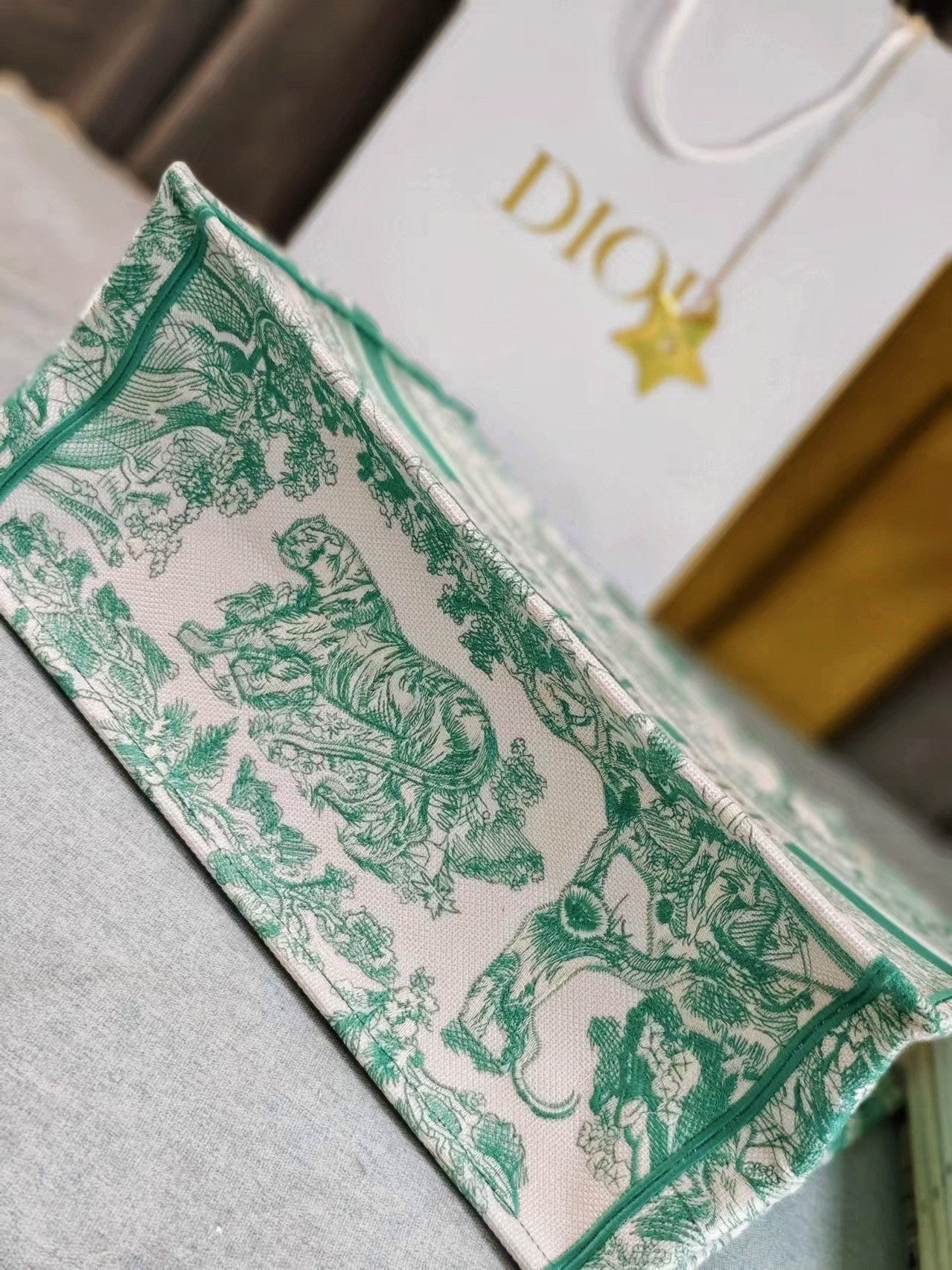 Dior Green Floral Toile de Jouy Canvas Tote Bag Top Handle Shopper