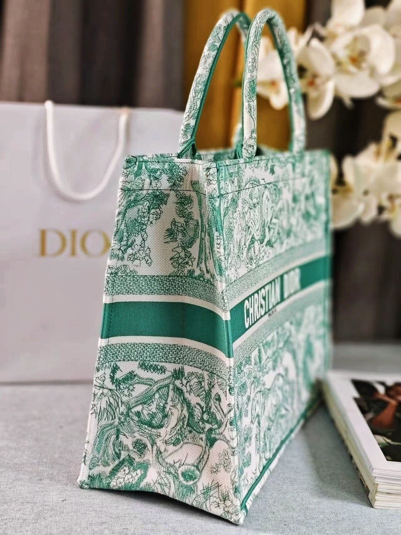 Dior Green Floral Toile de Jouy Canvas Tote Bag Top Handle Shopper