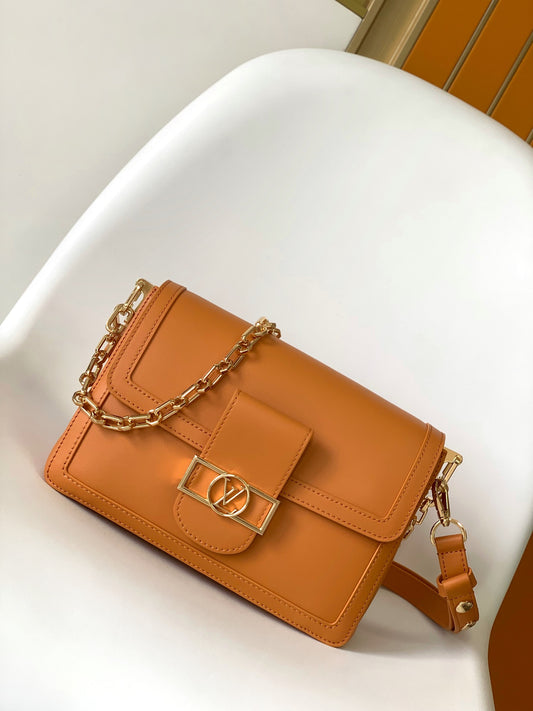 Women's Tan Leather Crossbody Handbag with Gold Chain Strap and Logo Buckle
