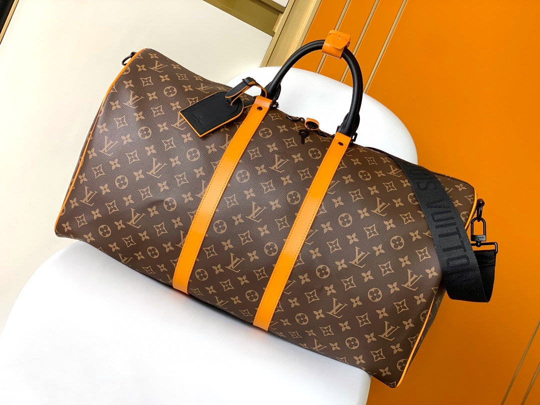 Louis Vuitton Classic Monogram Canvas Travel Duffle Bag with Orange Straps
