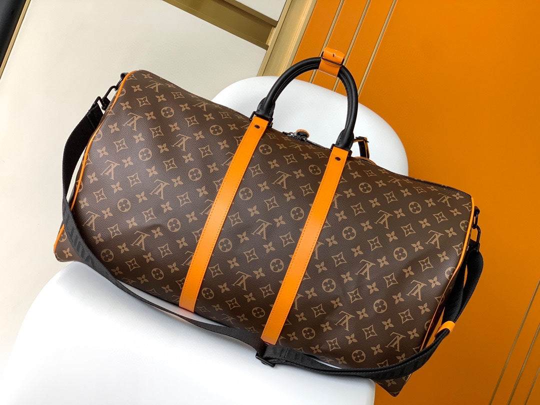 Louis Vuitton Classic Monogram Canvas Travel Duffle Bag with Orange Straps