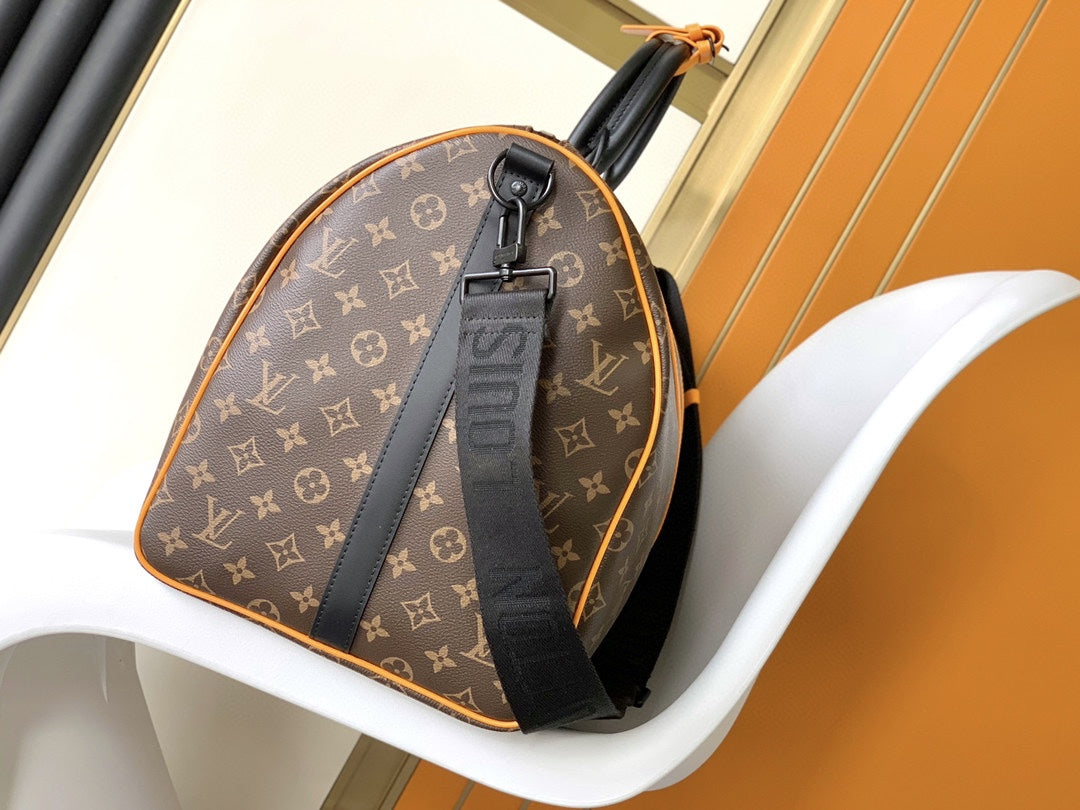 Louis Vuitton Classic Monogram Canvas Travel Duffle Bag with Orange Straps