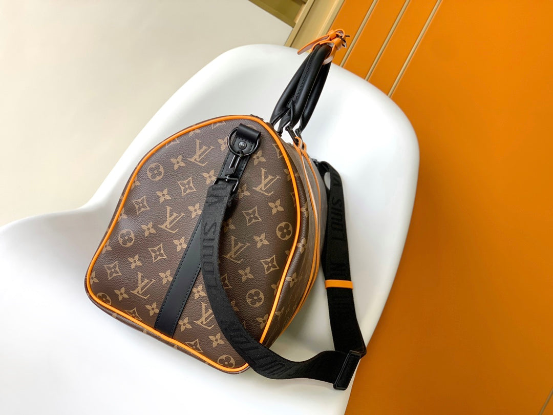 Louis Vuitton Luxury Monogram Canvas Travel Duffle Bag with Orange Straps