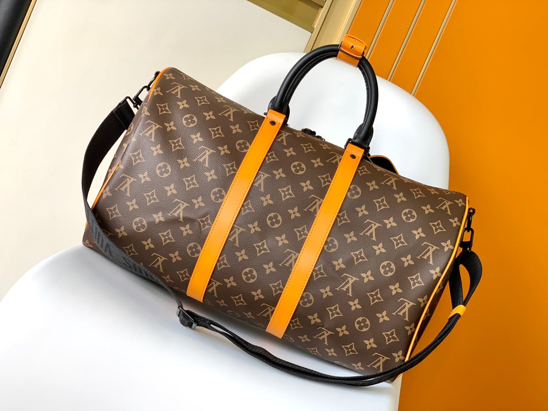 Louis Vuitton Luxury Monogram Canvas Travel Duffle Bag with Orange Straps