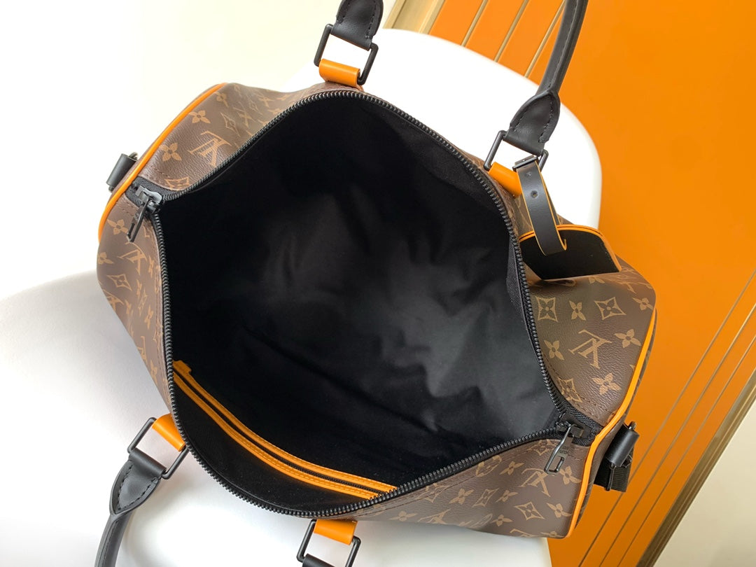 Louis Vuitton Luxury Monogram Canvas Travel Duffle Bag with Orange Straps