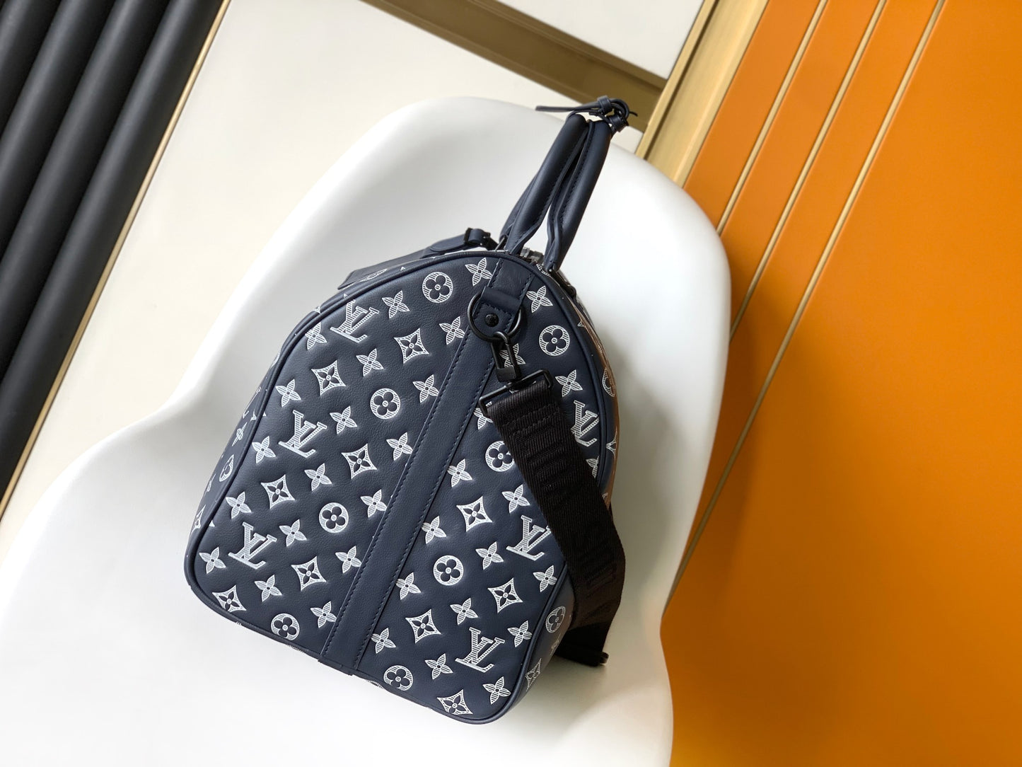 Louis Vuitton Navy Blue Monogram Canvas Travel Duffle Bag with Shoulder Strap