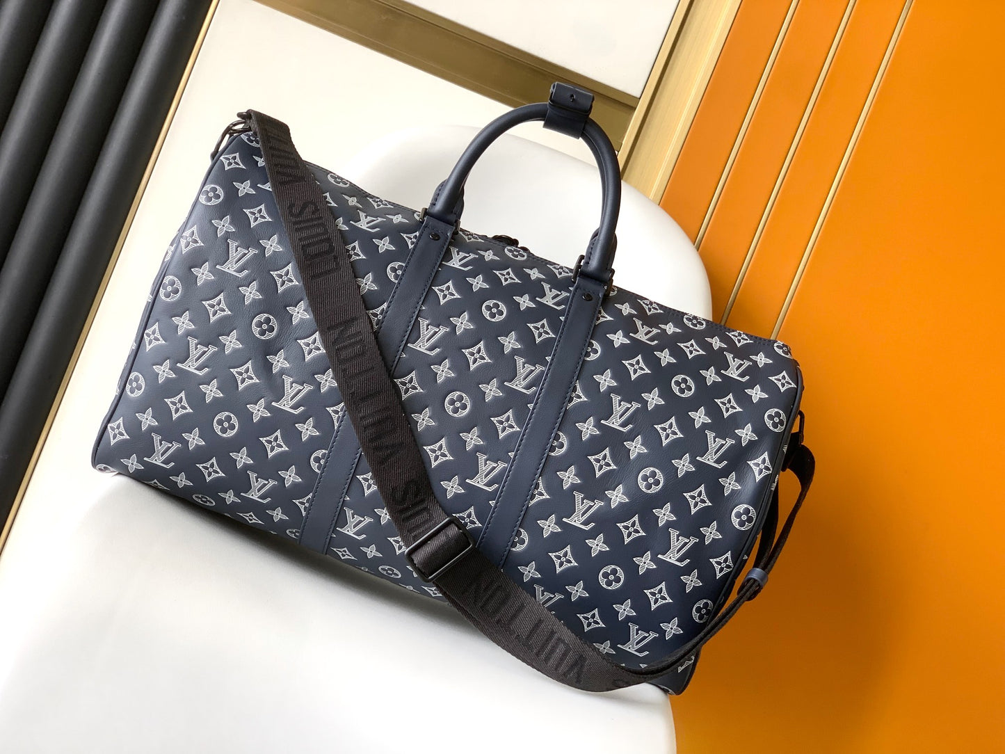 Louis Vuitton Navy Blue Monogram Canvas Travel Duffle Bag with Shoulder Strap