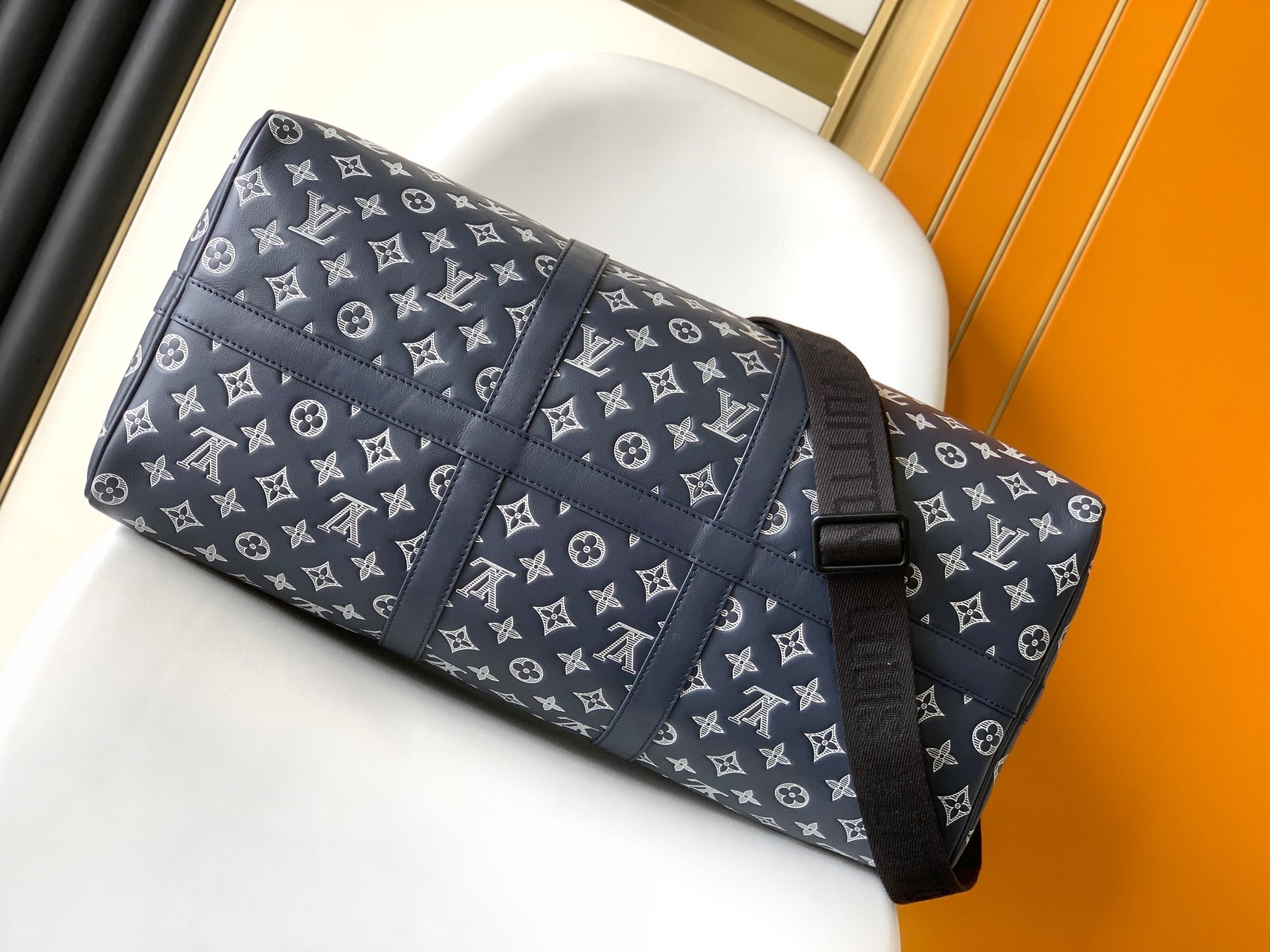 Louis Vuitton Navy Blue Monogram Canvas Travel Duffle Bag with Shoulder Strap
