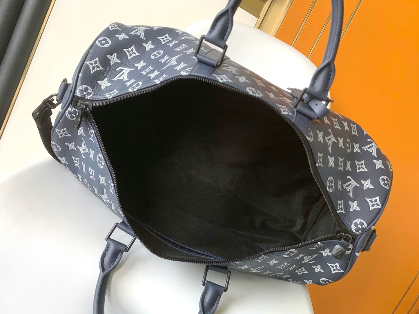 Louis Vuitton Navy Blue Monogram Canvas Travel Duffle Bag with Shoulder Strap
