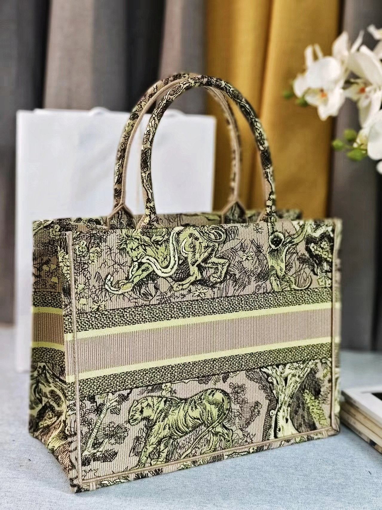 Dior Embroidered Jungle Animal Print Canvas Tote Bag with Top Handle