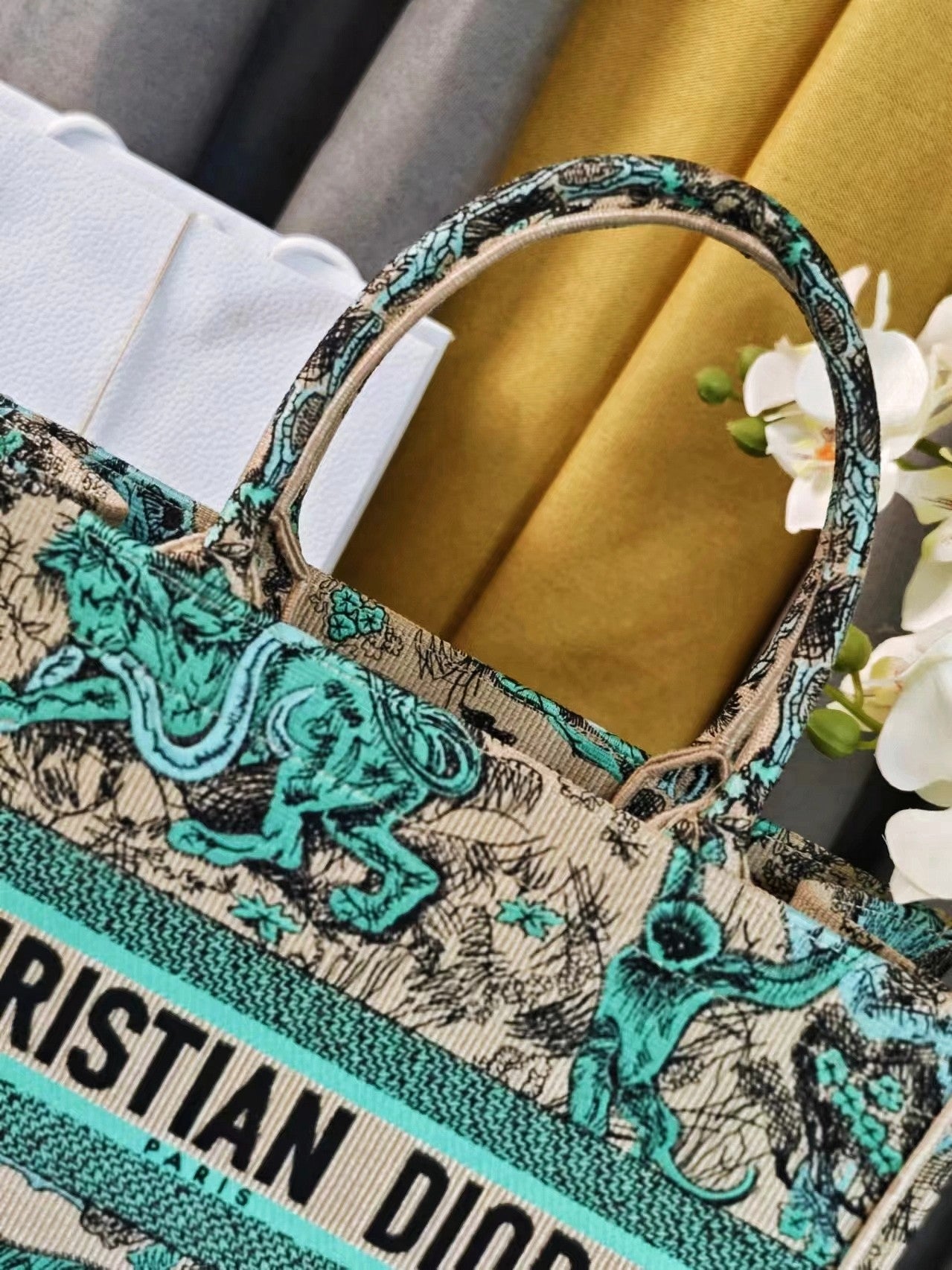 Dior Vintage Green Jungle Animal Embroidered Canvas Tote Handbag