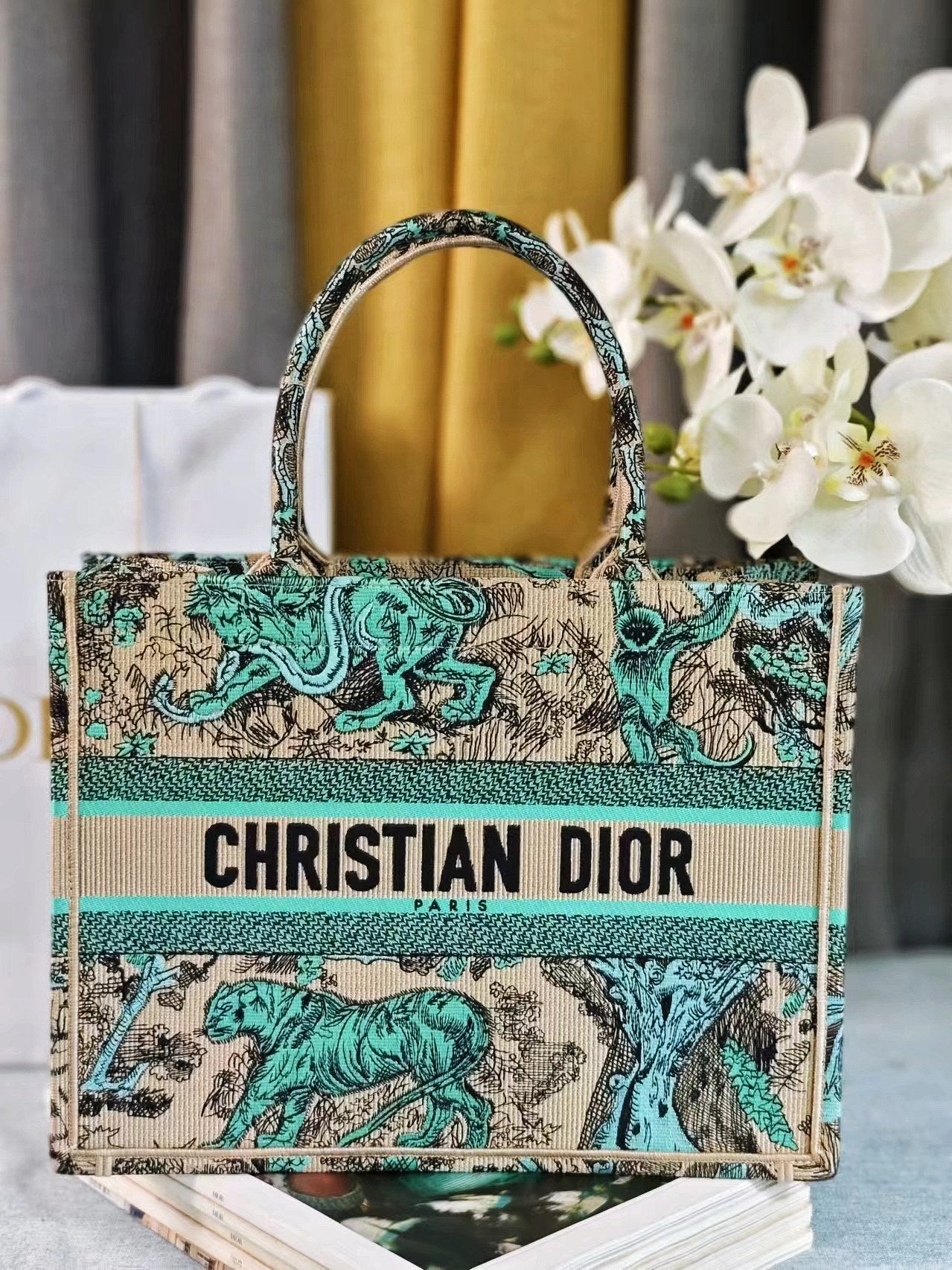Christian Dior Medium Book Tote Bag - Teal and Beige Toile de Jouy Animal Embroidery
