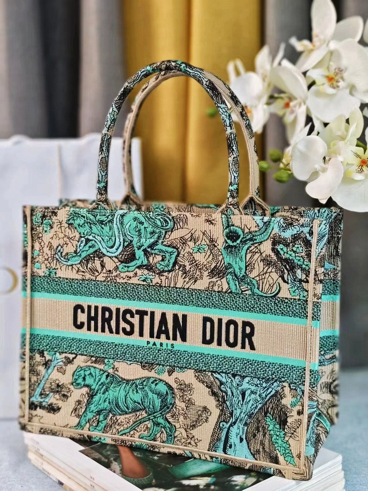 Christian Dior Medium Book Tote Bag - Teal and Beige Toile de Jouy Animal Embroidery