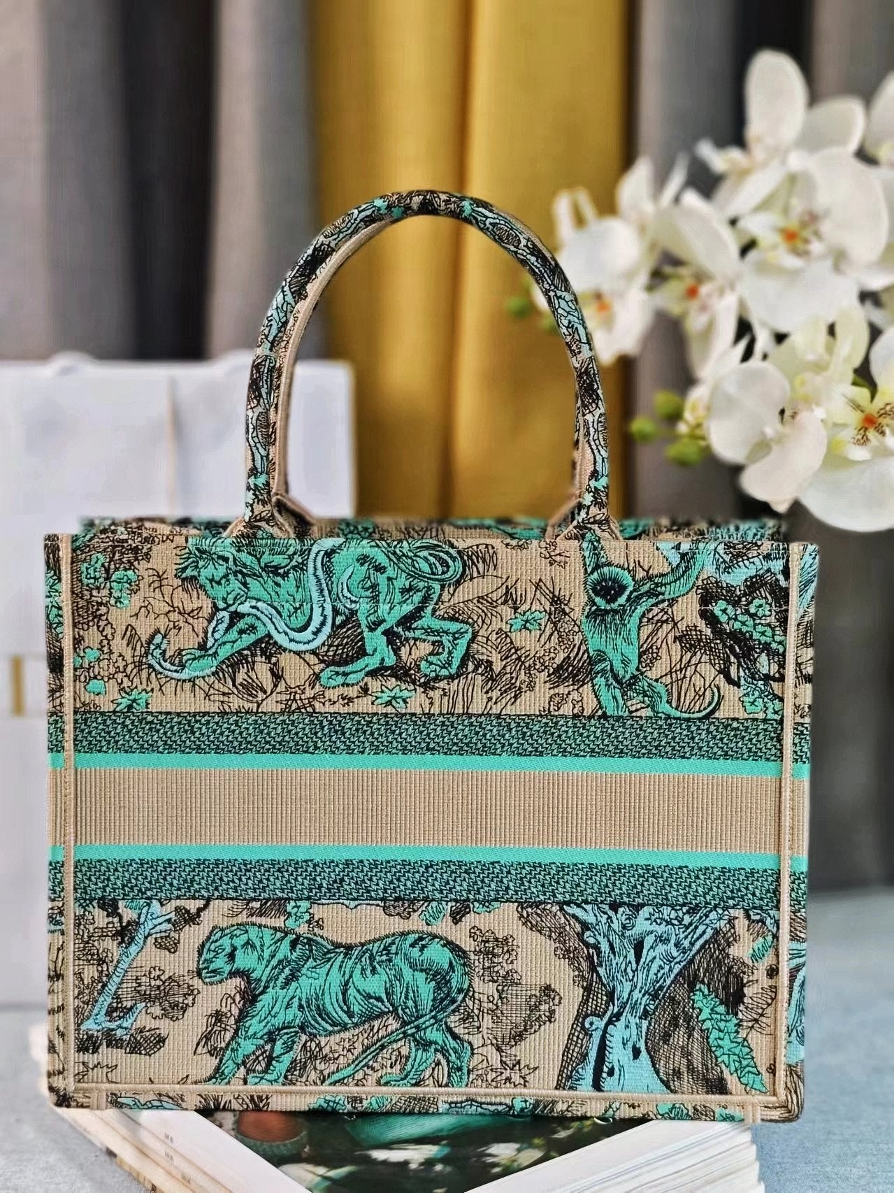 Dior Vintage Green Jungle Animal Embroidered Canvas Tote Handbag