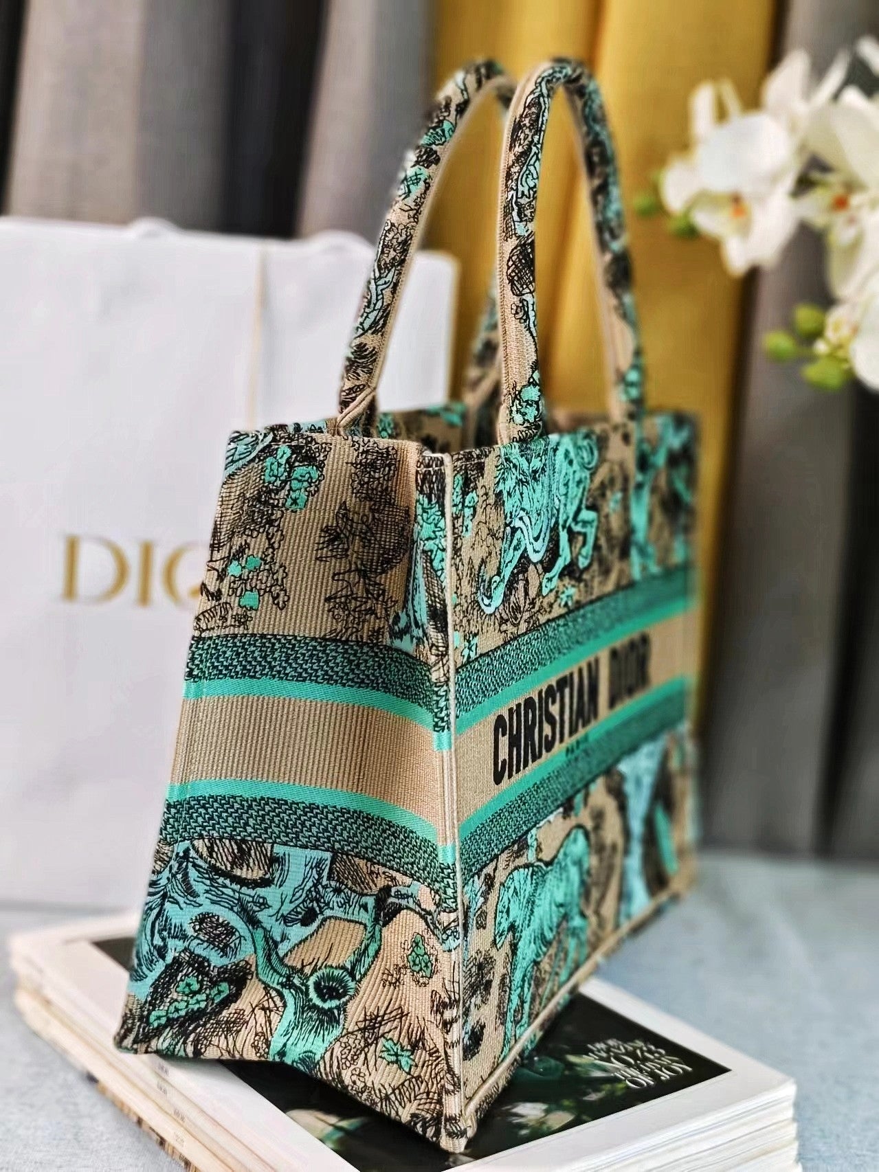 Christian Dior Medium Book Tote Bag - Teal and Beige Toile de Jouy Animal Embroidery