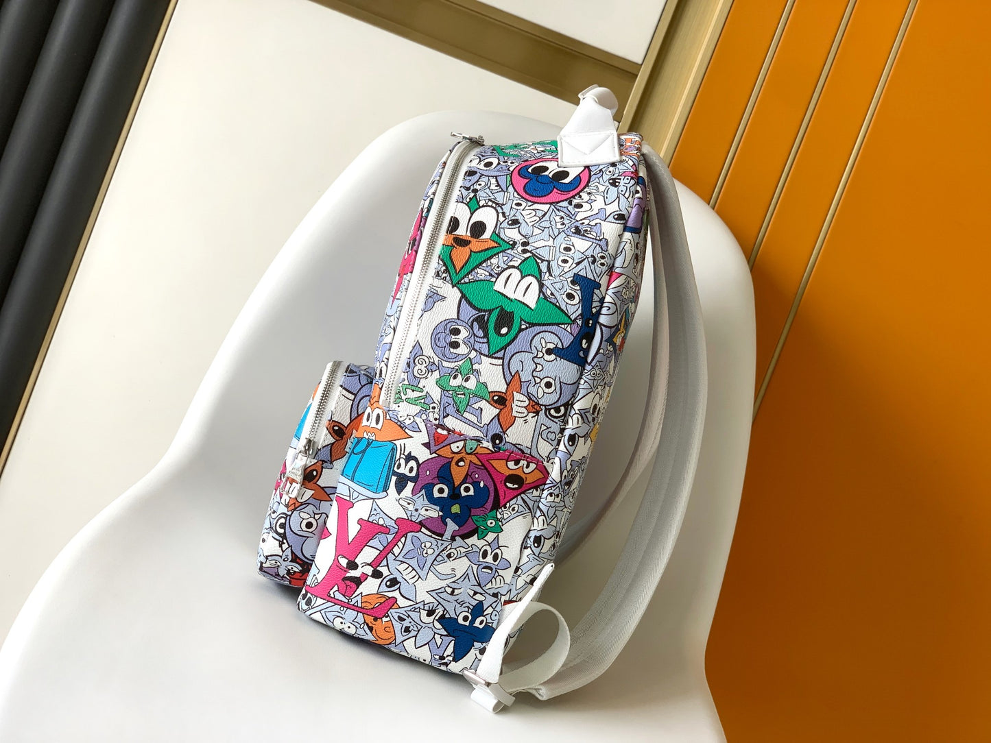 Louis Vuitton Colorful Cartoon Graffiti Print White Streetwear Backpack