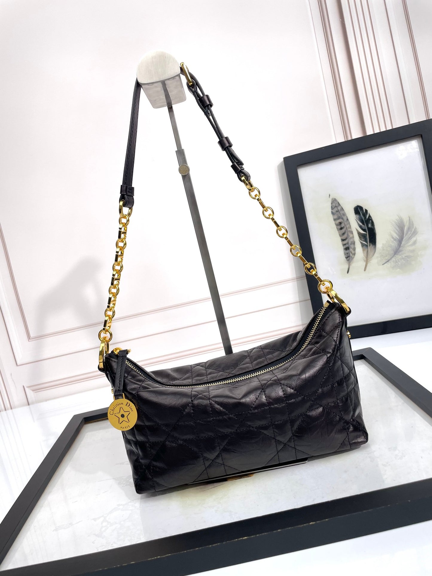 Black Quilted Leather Shoulder Bag with Gold Chain Strap