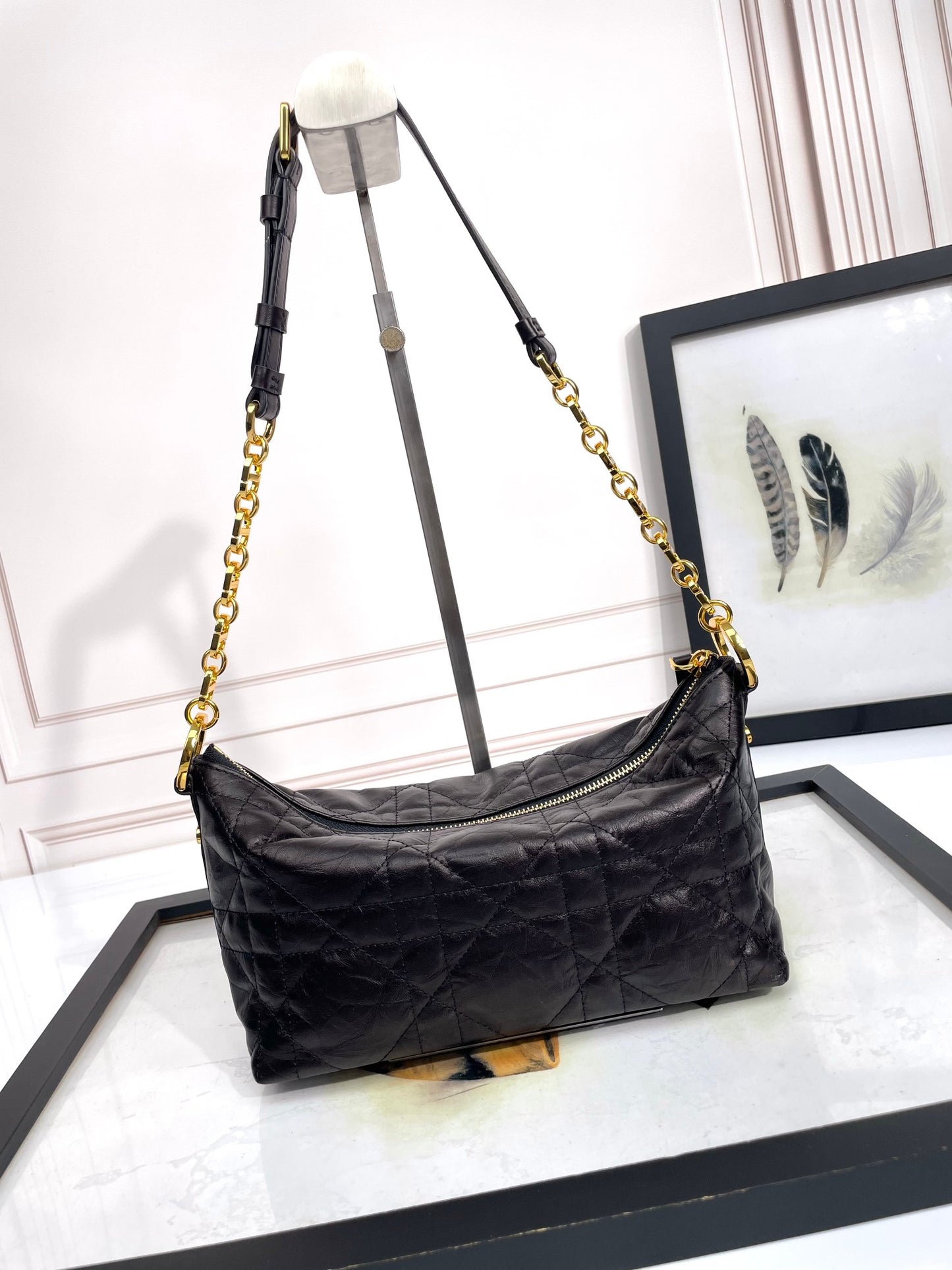 Dior Classic Black Quilted Leather Shoulder Bag with Gold Chain