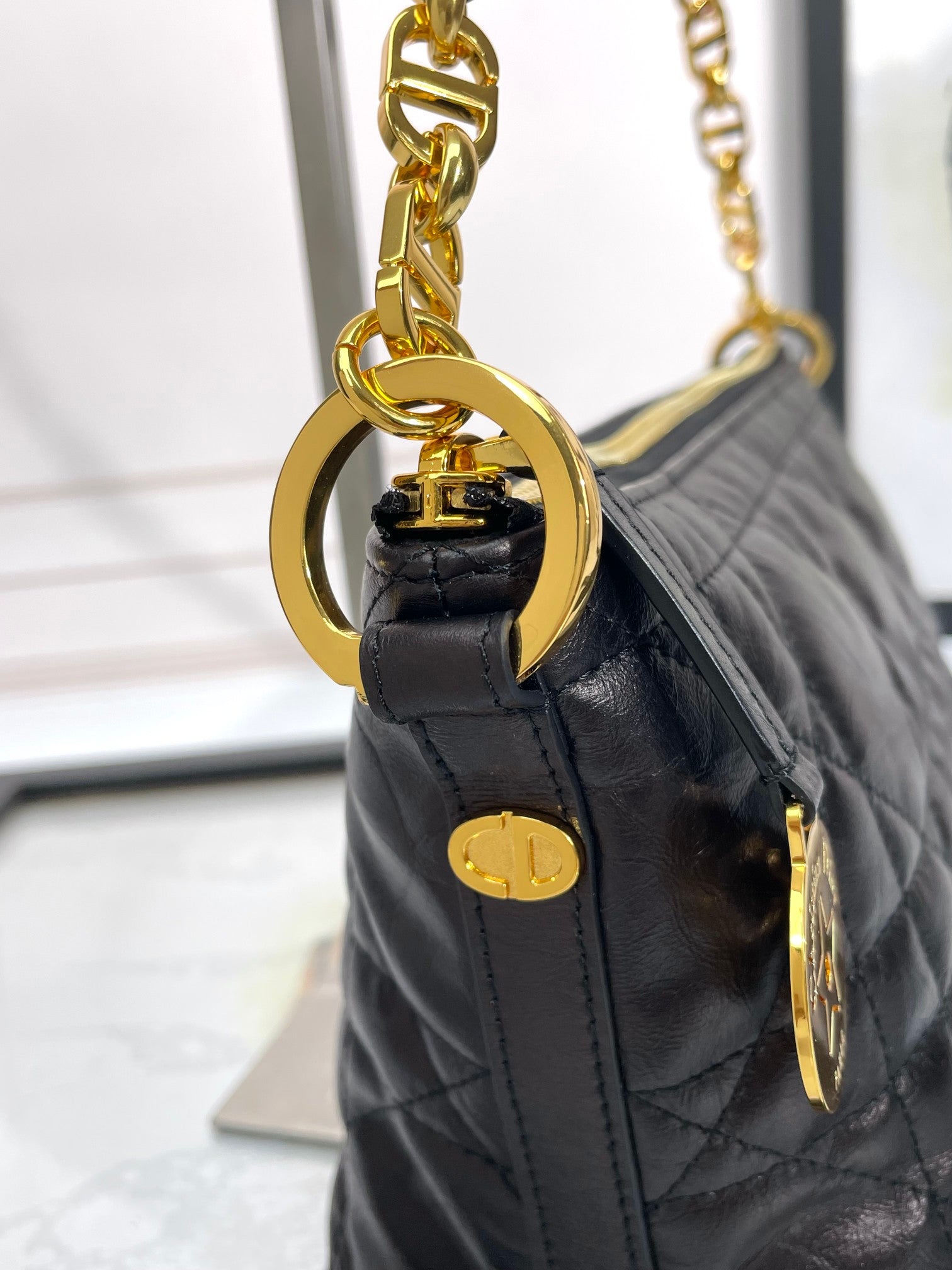 Dior Black Quilted Leather Shoulder Bag with Gold Chain Strap