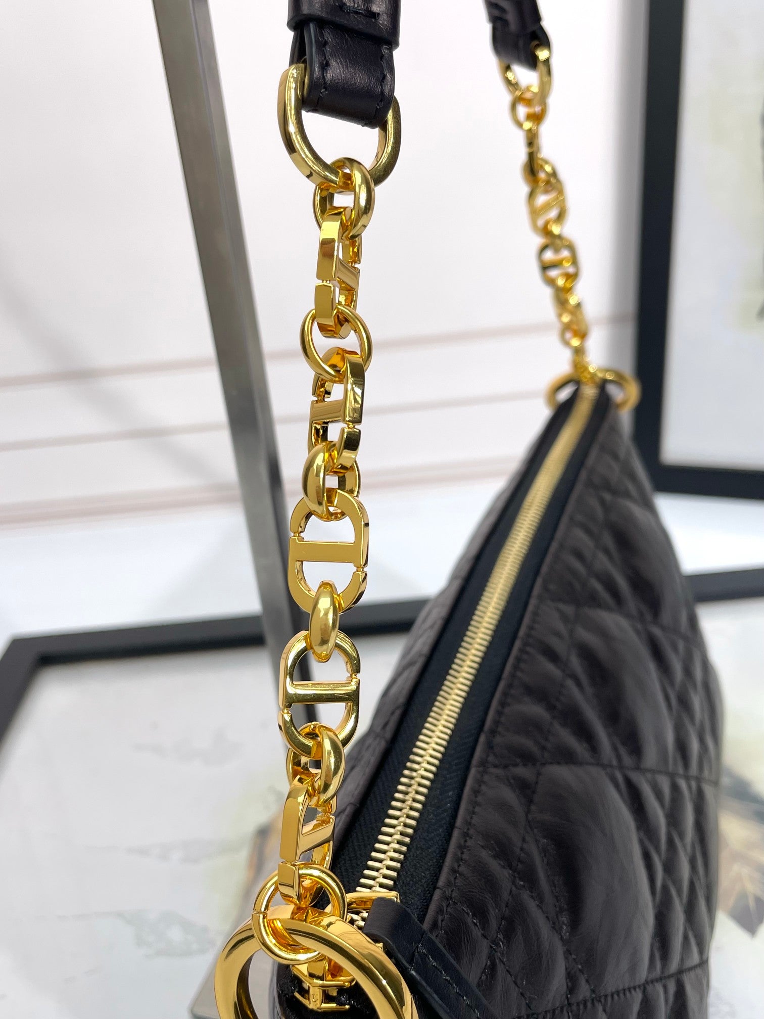 Dior Classic Black Quilted Leather Shoulder Bag with Gold Chain