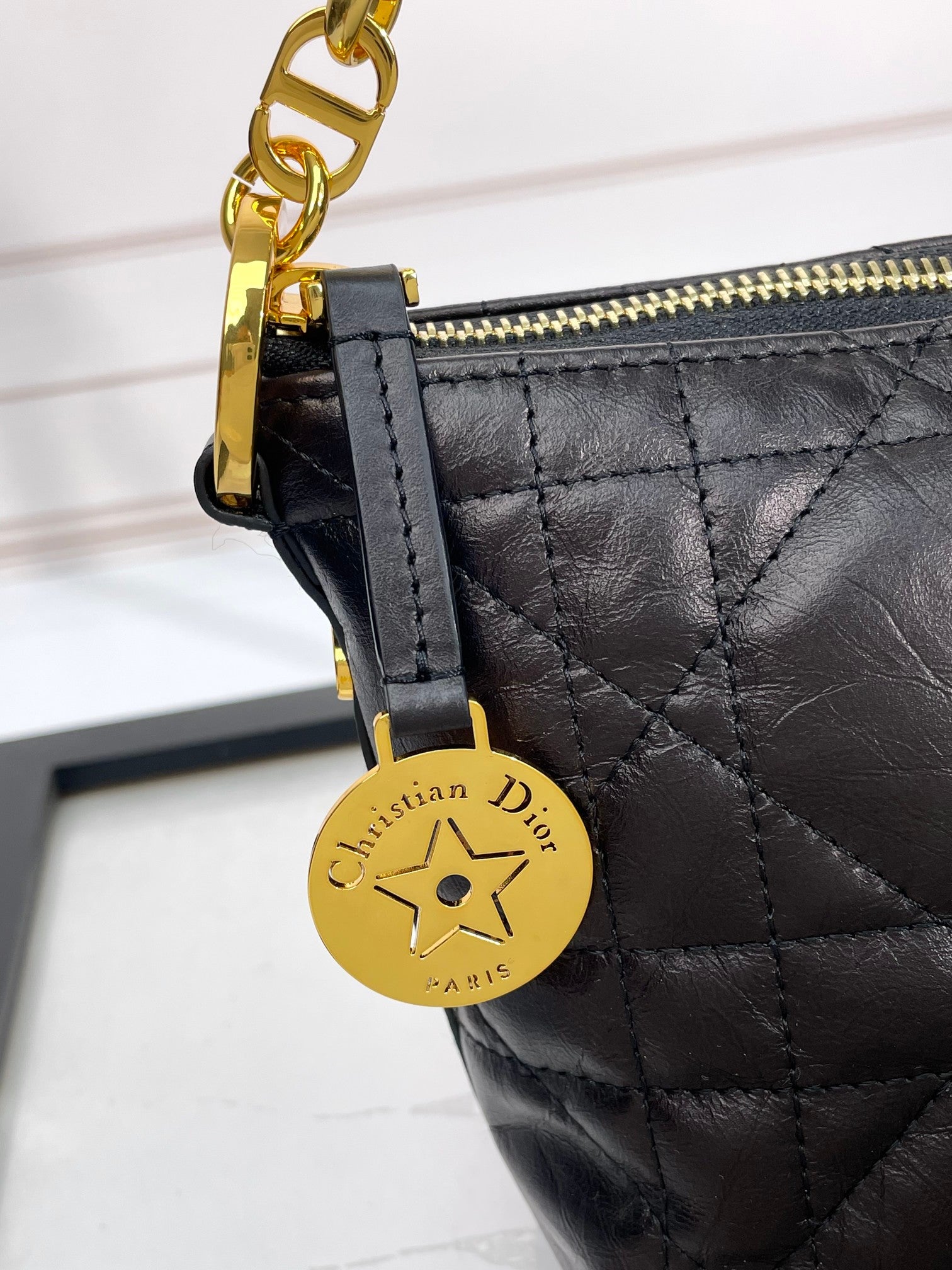 Dior Black Quilted Leather Shoulder Bag with Gold Chain Strap