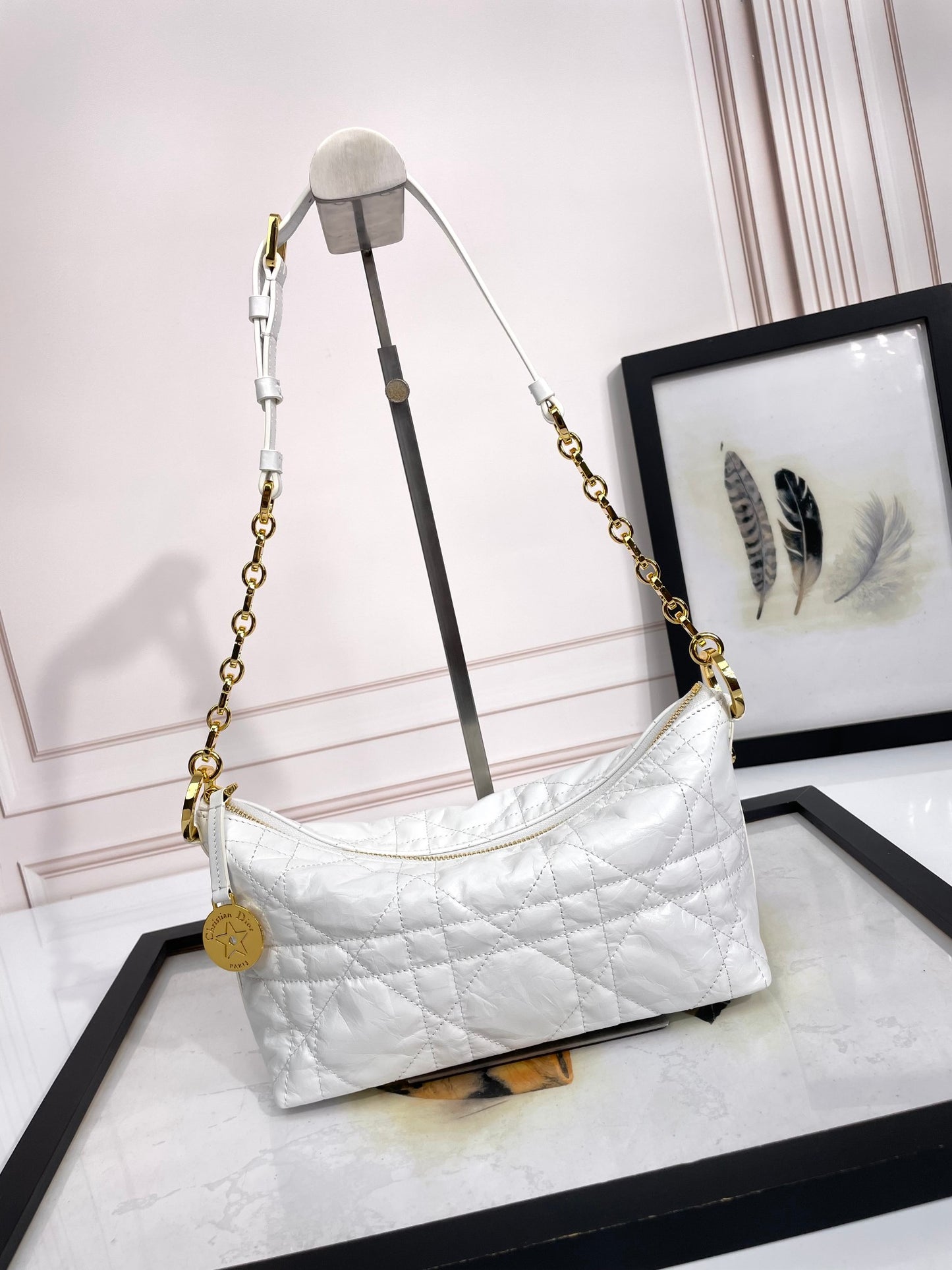 Dior Elegant White Quilted Hobo Shoulder Bag with Gold Chain