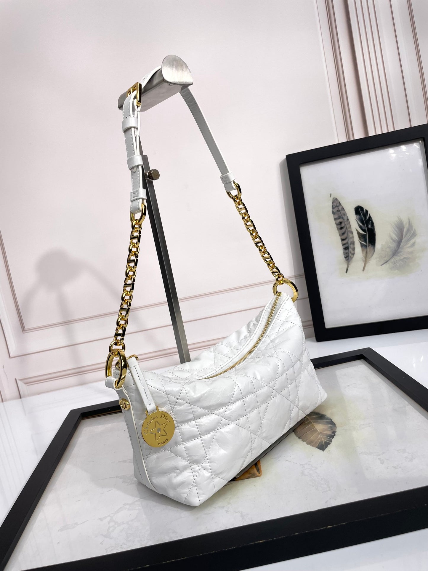 Dior Elegant White Quilted Hobo Handbag with Gold Chain Strap