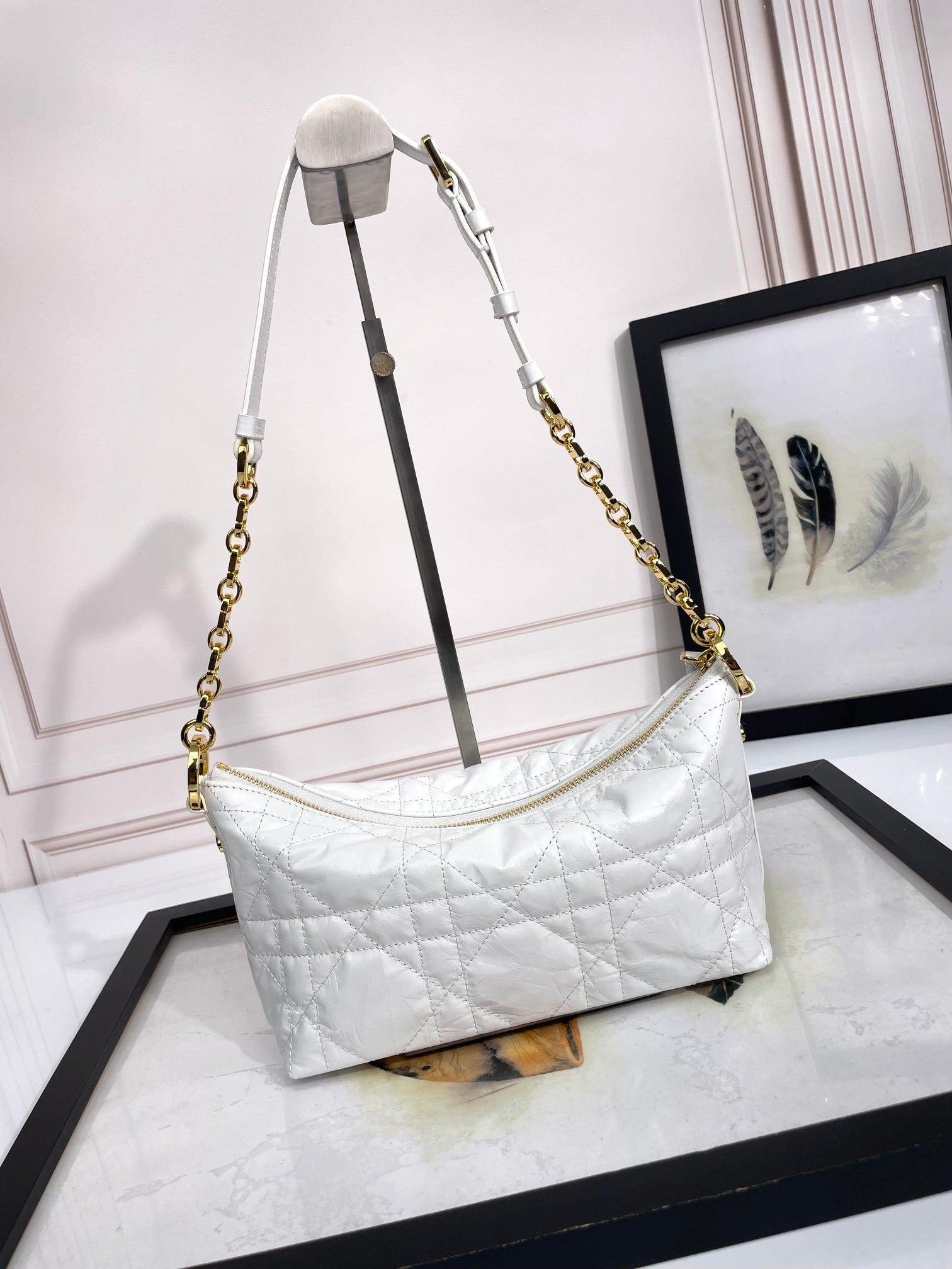 Dior Elegant White Quilted Hobo Handbag with Gold Chain Strap