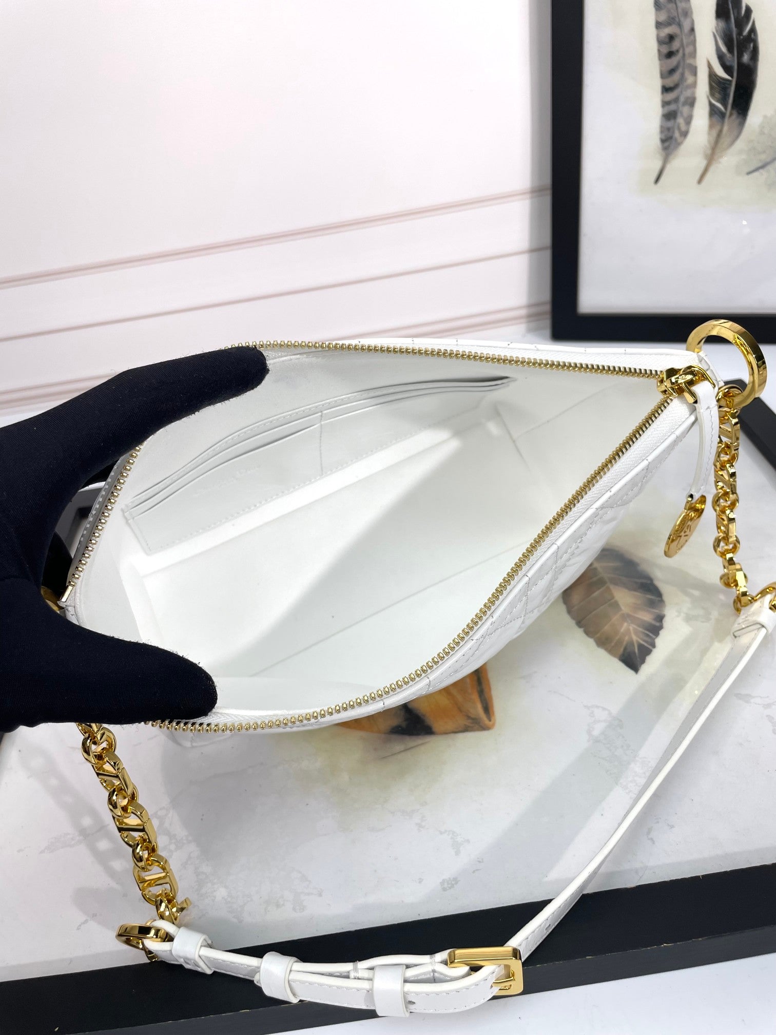 Dior Elegant White Quilted Hobo Handbag with Gold Chain Strap