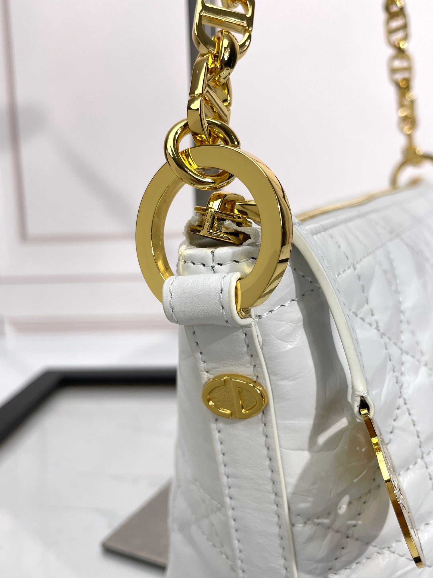 Dior White Quilted Leather Shoulder Bag with Gold Chain Strap